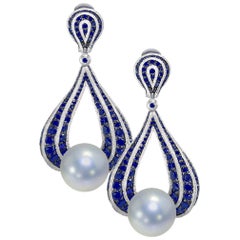 Alex Soldier Sapphire Pearl White Gold Drop Textured Earrings One of a Kind