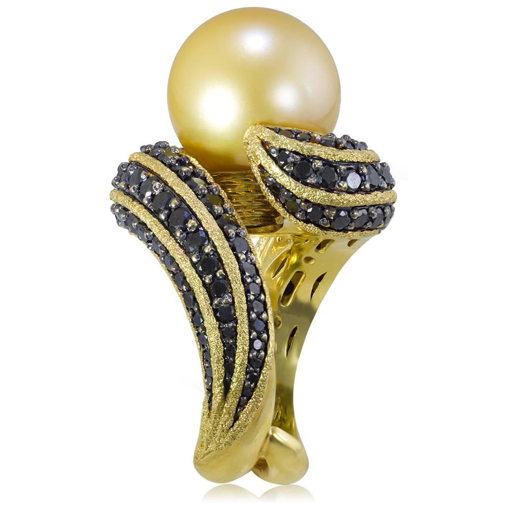 Round Cut Alex Soldier South Sea Pearl Diamond Gold Cocktail Ring One of a Kind For Sale