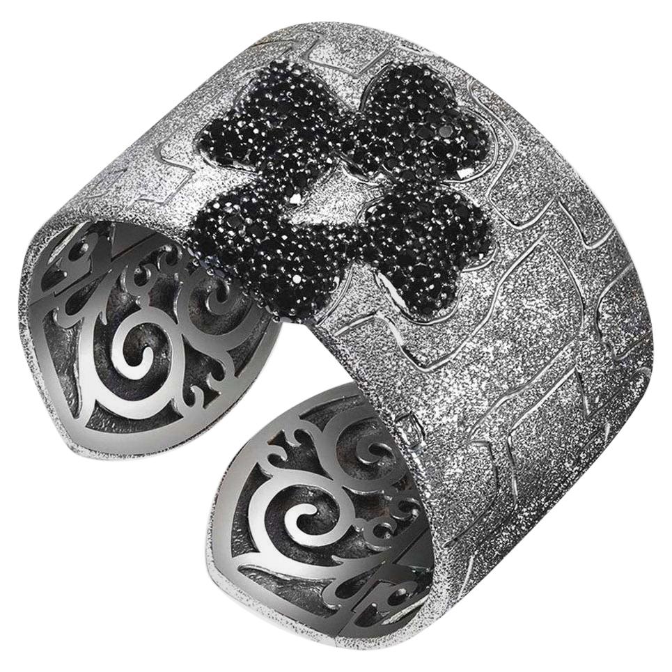 Alex Soldier Crossroad Cuff Bracelet: made in silver with black spinel (8.24 ct.) and dark platinum (black rhodium) infusion. Handmade in NYC, it features double hinges for extra comfort, finished with proprietary metalwork that creates an illusion