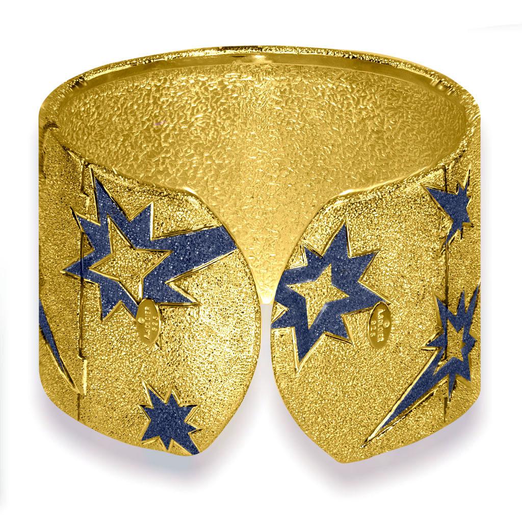 Alex Soldier Sterling Silver Gold Rhodium Textured Hinged Star Cuff Bracelet In New Condition In New York, NY