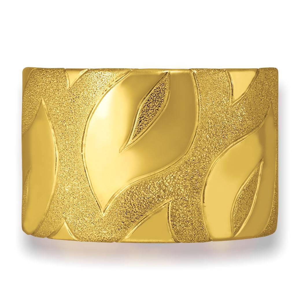 Alex Soldier Leaf Cuff: made in sterling silver with 24 karat yellow gold infusion (deep plating). Handmade in NYC, it features double hinges for extra comfort and is finished with proprietary metalwork that creates an illusion of a diamond inlay.