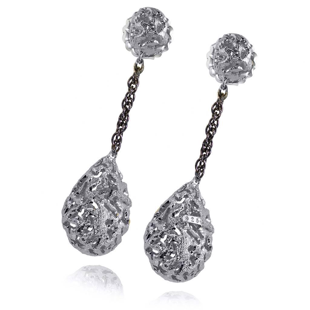 Alex Soldier Drop Dangle Meteorite Earrings: made in sterling silver, infused (deeply plated) with platinum. The earrings feature signature metalwork that creates an effect of inner sparkle. Special open work technique makes these stunning earrings