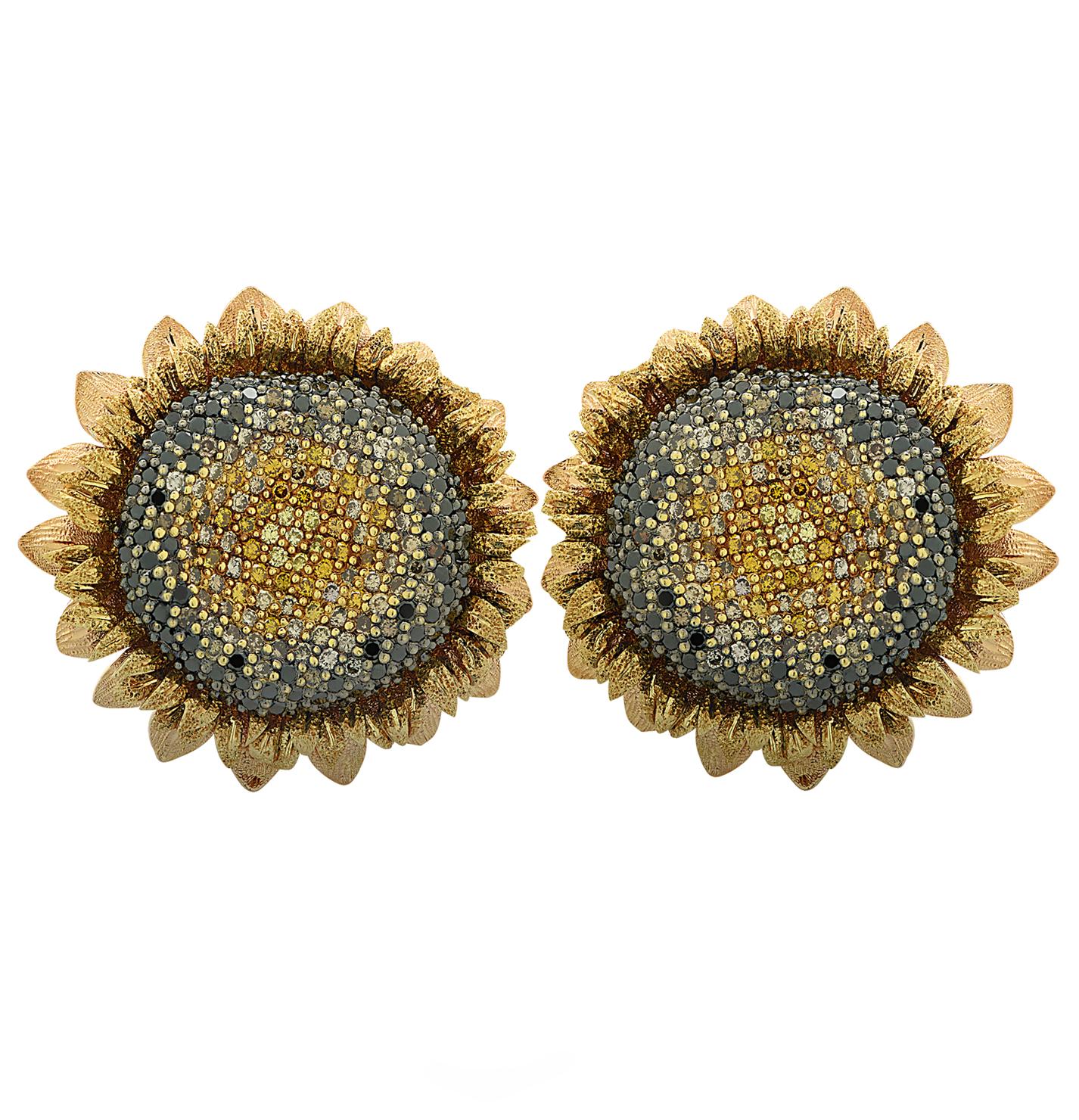 Sensational Alex Soldier Sunflower Earrings crafted in 18 karat yellow and rose gold, featuring 392 mixed color round brilliant cut diamonds weighing approximately 4 carats total. Diamonds ranging in hue from white, champagne, cognac, brown orange,