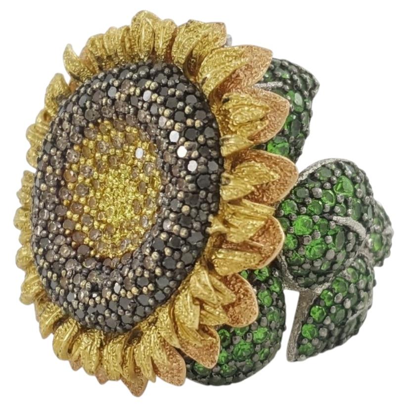 Alex Soldier Sunflower Statement Ring with Diamonds and Chrome Diopside For Sale