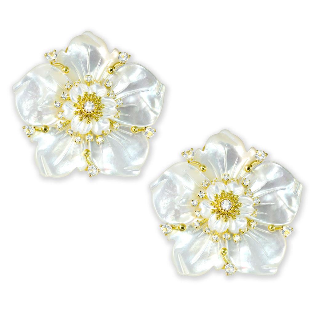 Alex Soldier Topaz, Quartz, Carved Mother of Pearl Blossom Convertible Earrings In New Condition For Sale In New York, NY