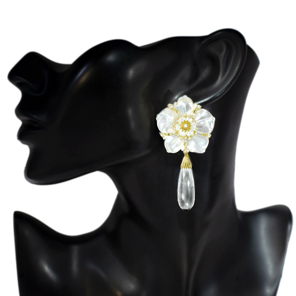 Alex Soldier Topaz, Quartz, Carved Mother of Pearl Blossom Convertible Earrings In New Condition In New York, NY
