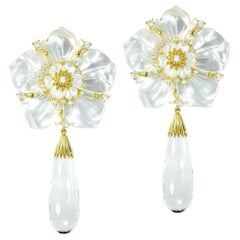 Topaz, Quartz, Carved Mother of Pearl Blossom Convertible Earrings