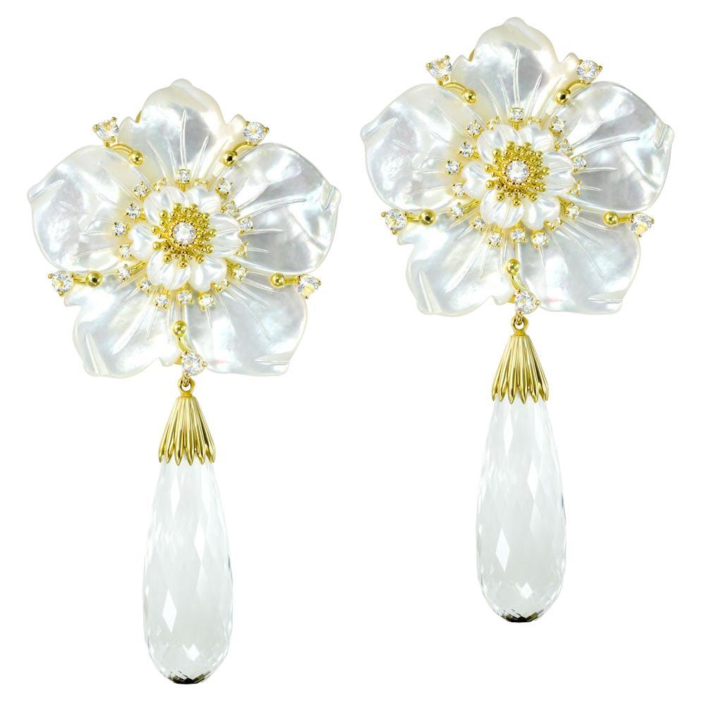 Alex Soldier Topaz, Quartz, Carved Mother of Pearl Blossom Convertible Earrings For Sale