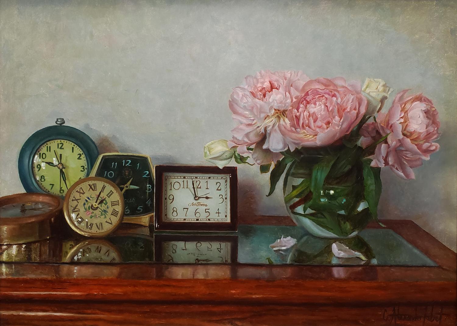 Clocks and Peonies - Painting by Alex Tabet