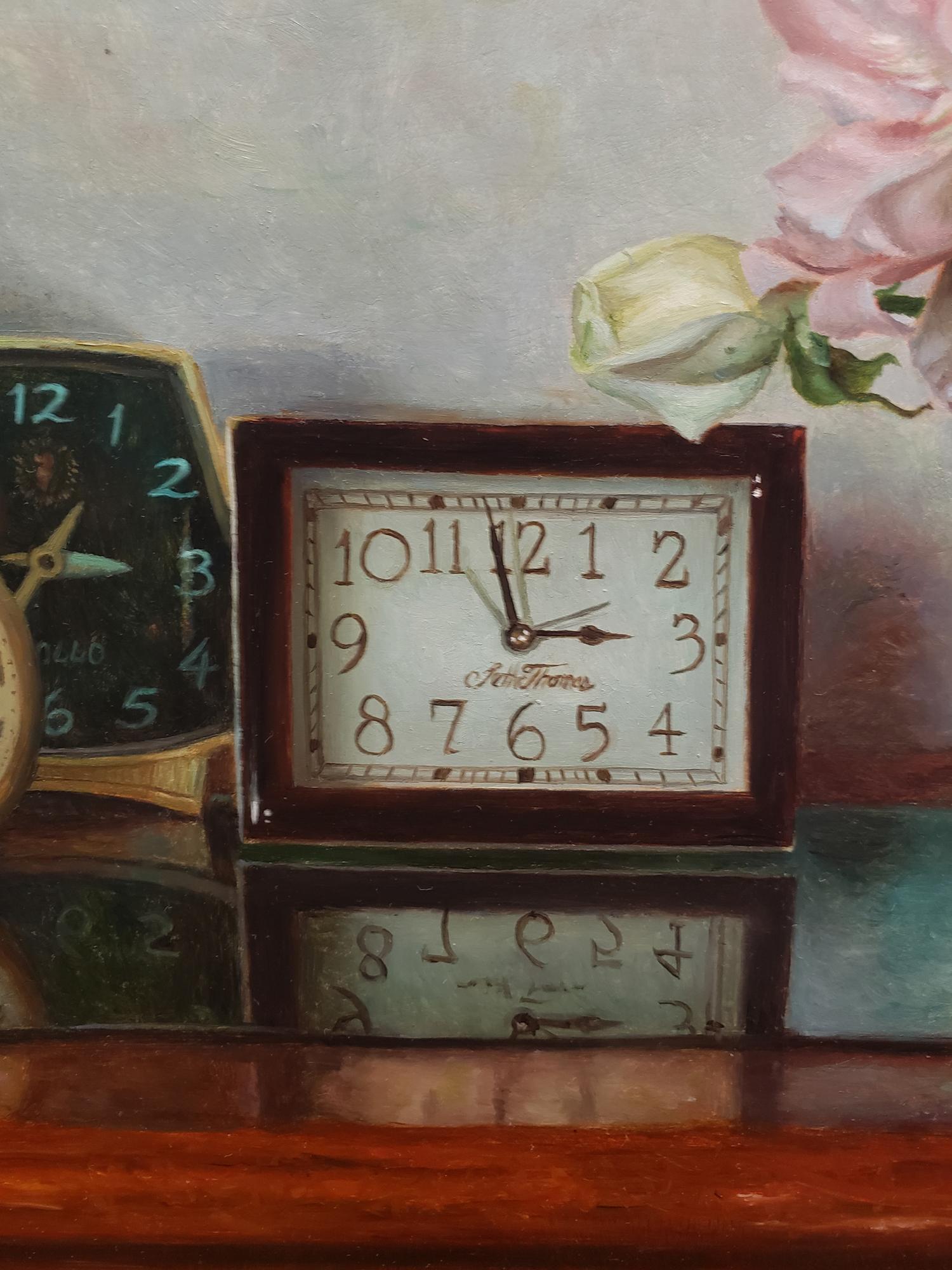 Clocks and Peonies - Realist Painting by Alex Tabet