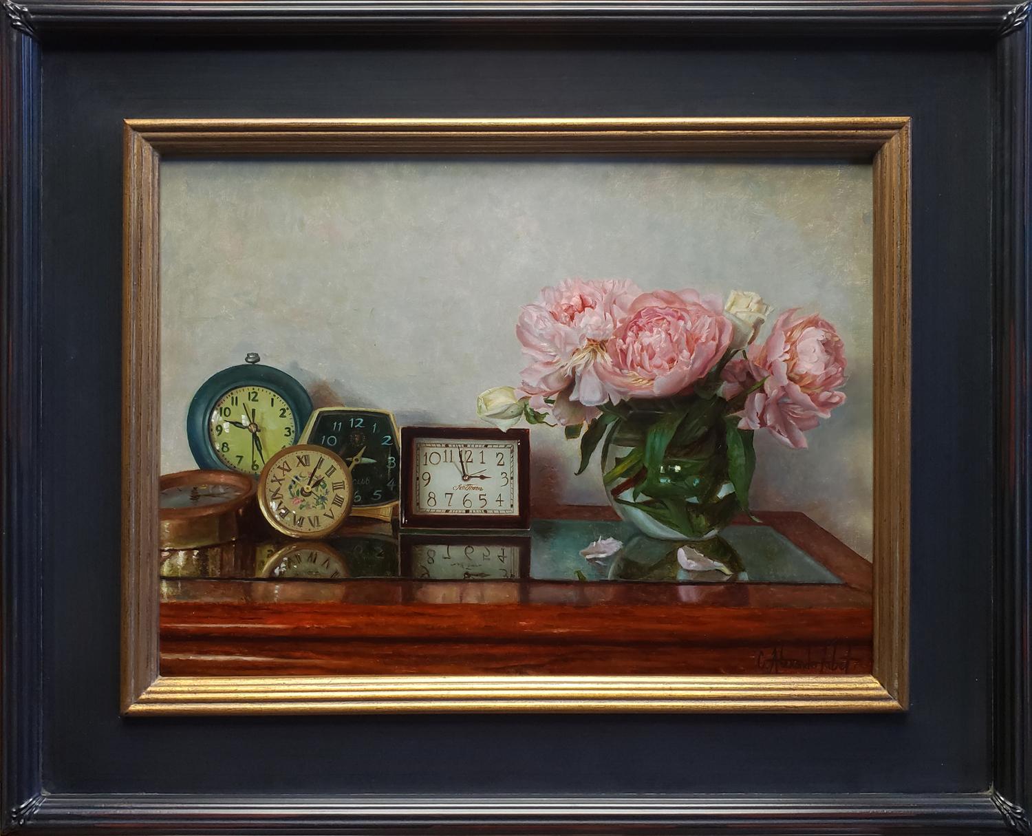 Alex Tabet Still-Life Painting - Clocks and Peonies