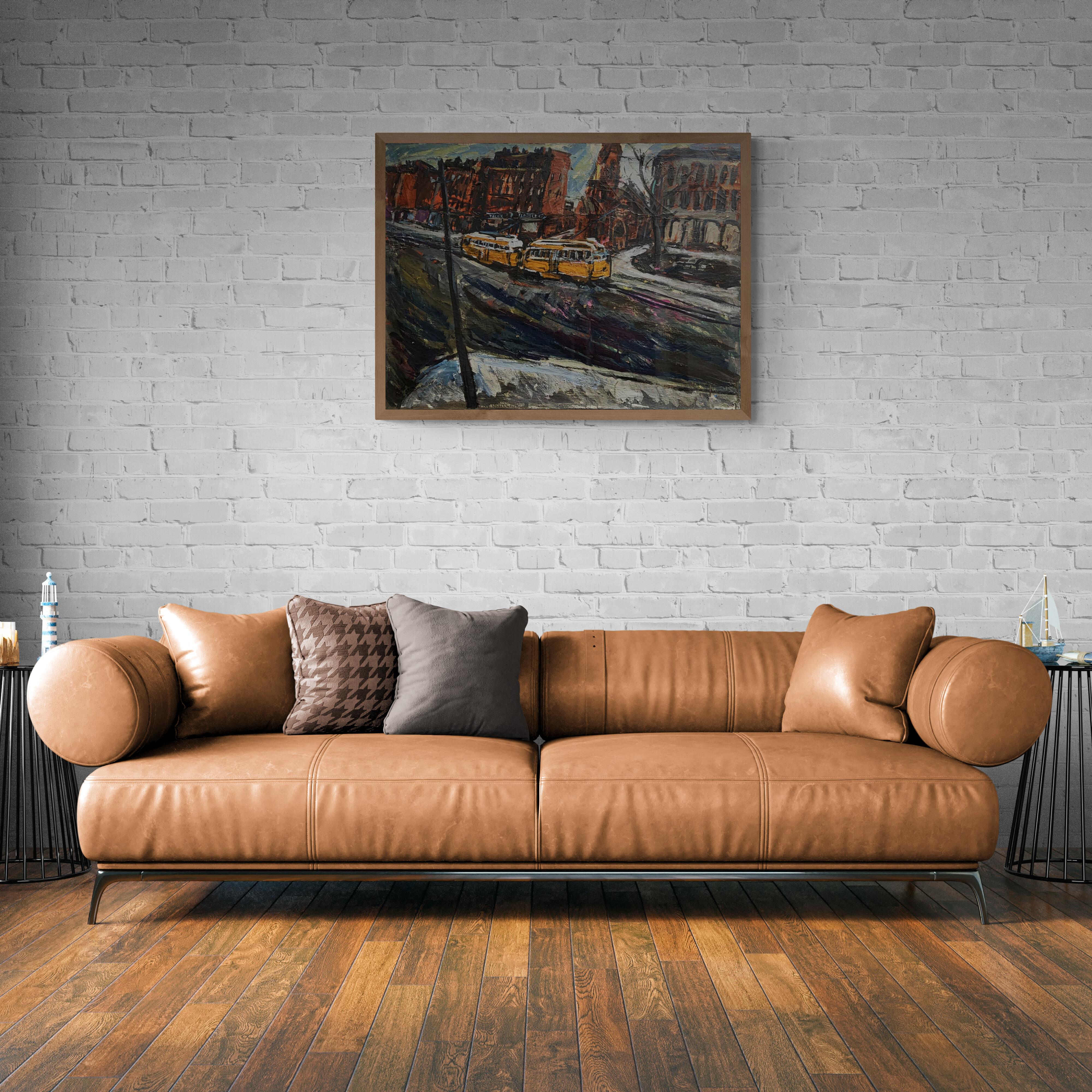 Electro Car Go (American Post-War, Impressionist, Boston, Streetcar, Tram) - Black Landscape Painting by Alex Tschernjawski