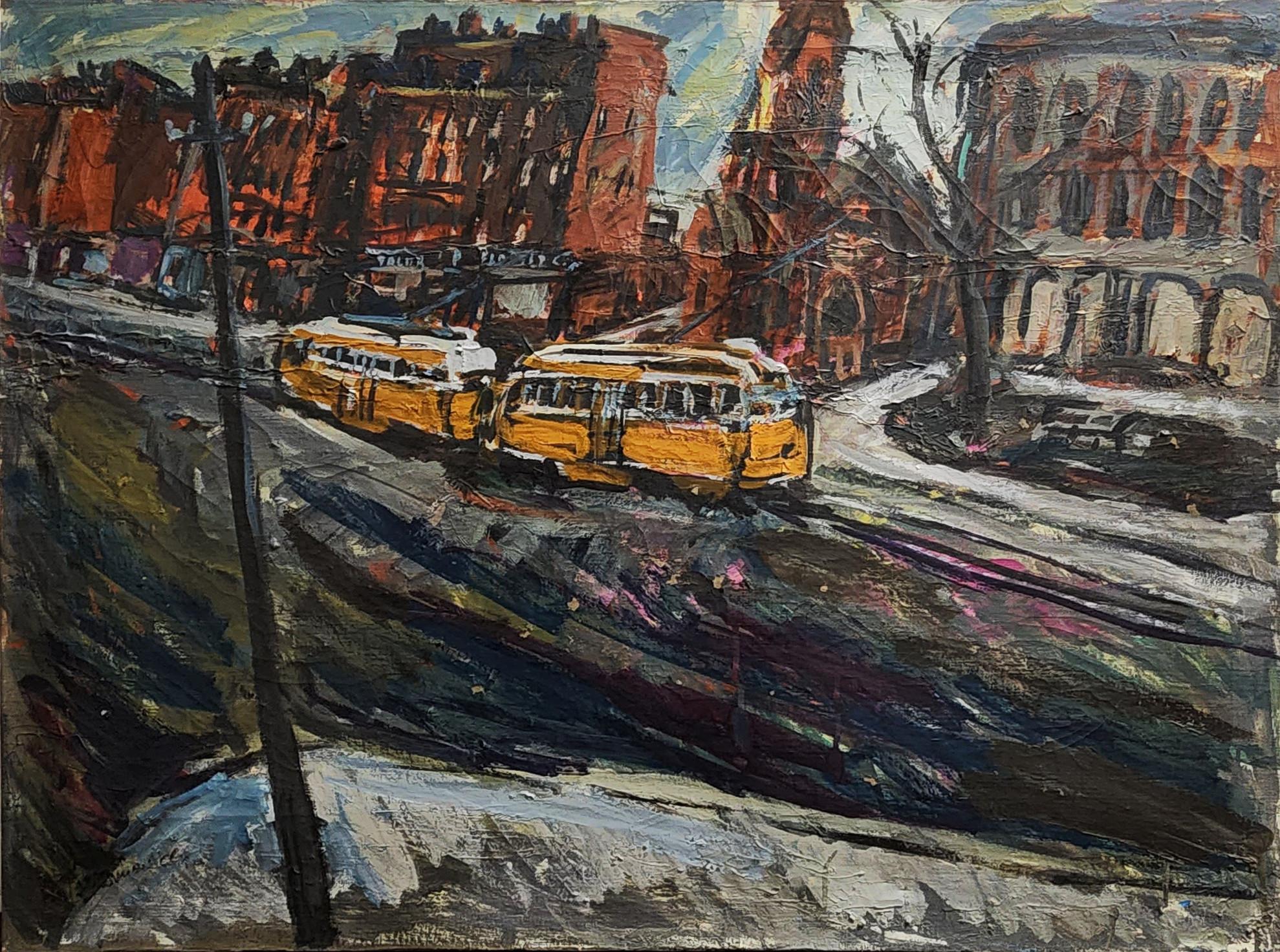 Alex Tschernjawski Landscape Painting – Electro Car Go (American PostWar, Impressionist, Boston, Straßenwagen, Tablett)