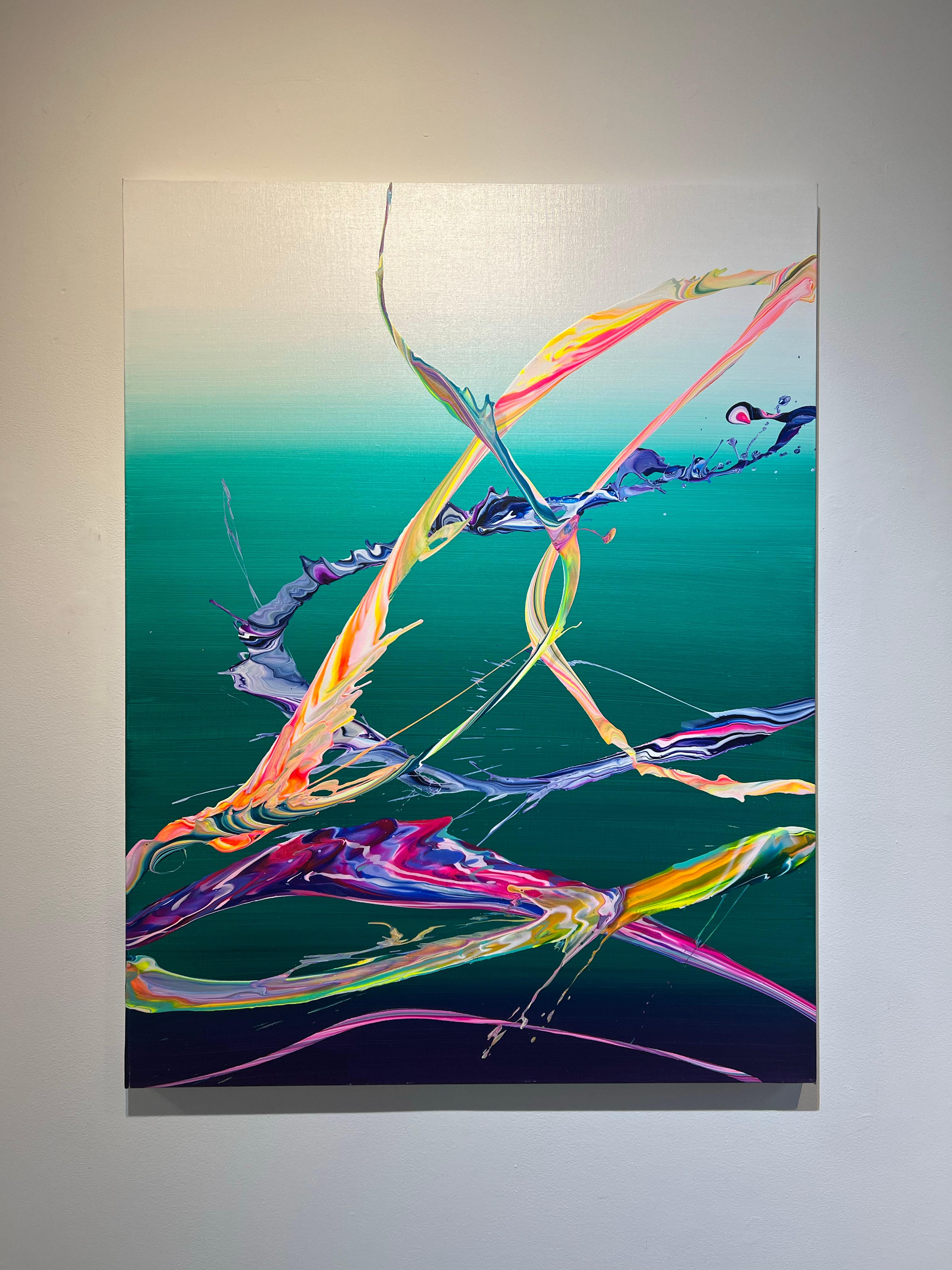 AV 762 - A Liquid Abstraction in Vivid Colors Against a White to Teal Ombré - Painting by Alex Voinea