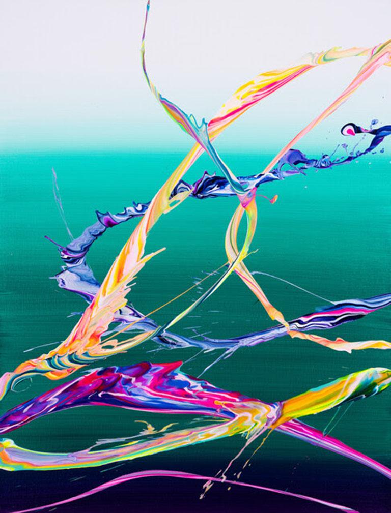 AV 762 - Une abstraction liquide aux couleurs vives sur fond d'ombrage blanc-sarcelle.