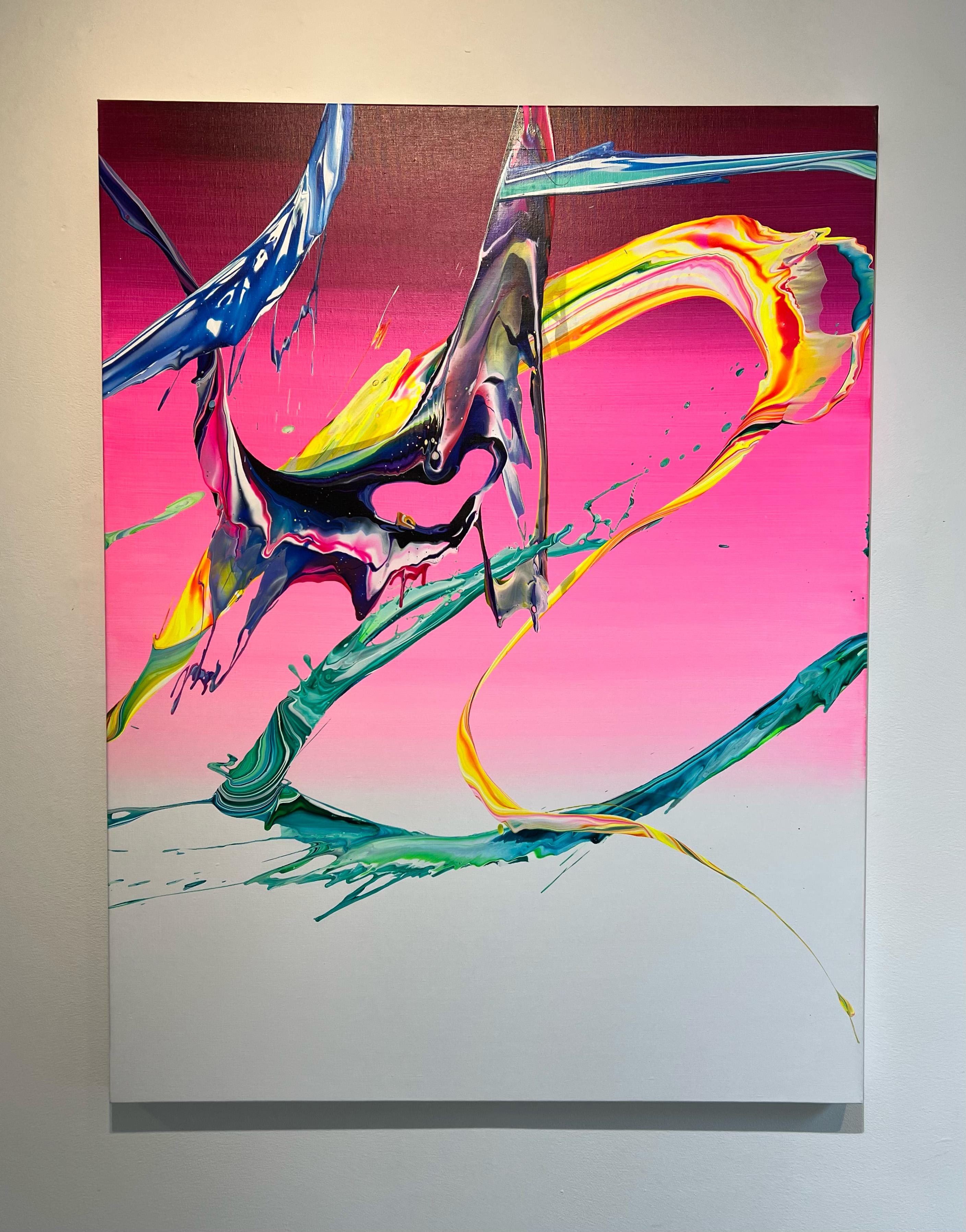 AV 763 - A Liquid Abstraction in Vivid Colors Against a Pink to White Ombré - Painting by Alex Voinea