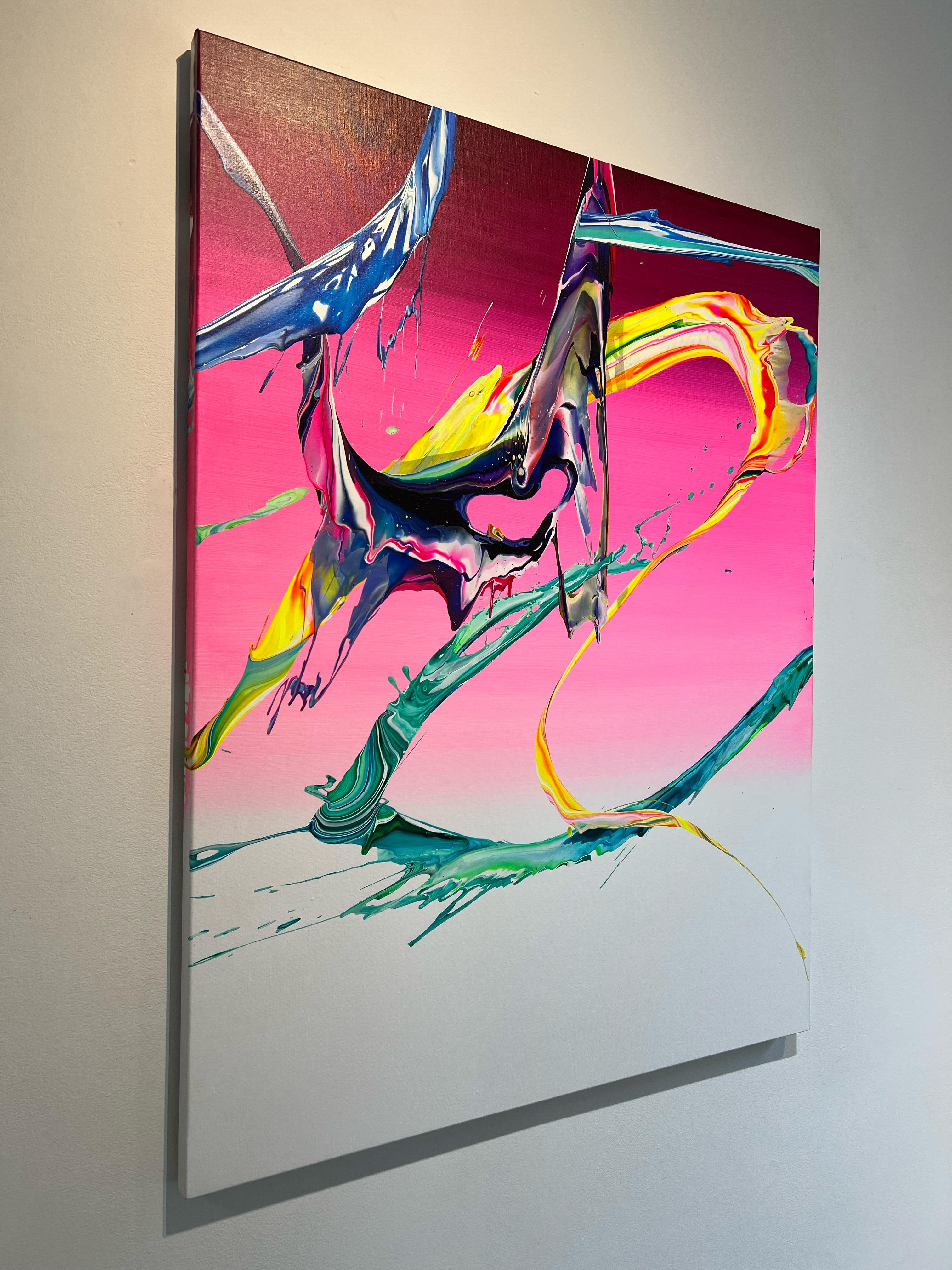 AV 763 - A Liquid Abstraction in Vivid Colors Against a Pink to White Ombré - Purple Interior Painting by Alex Voinea