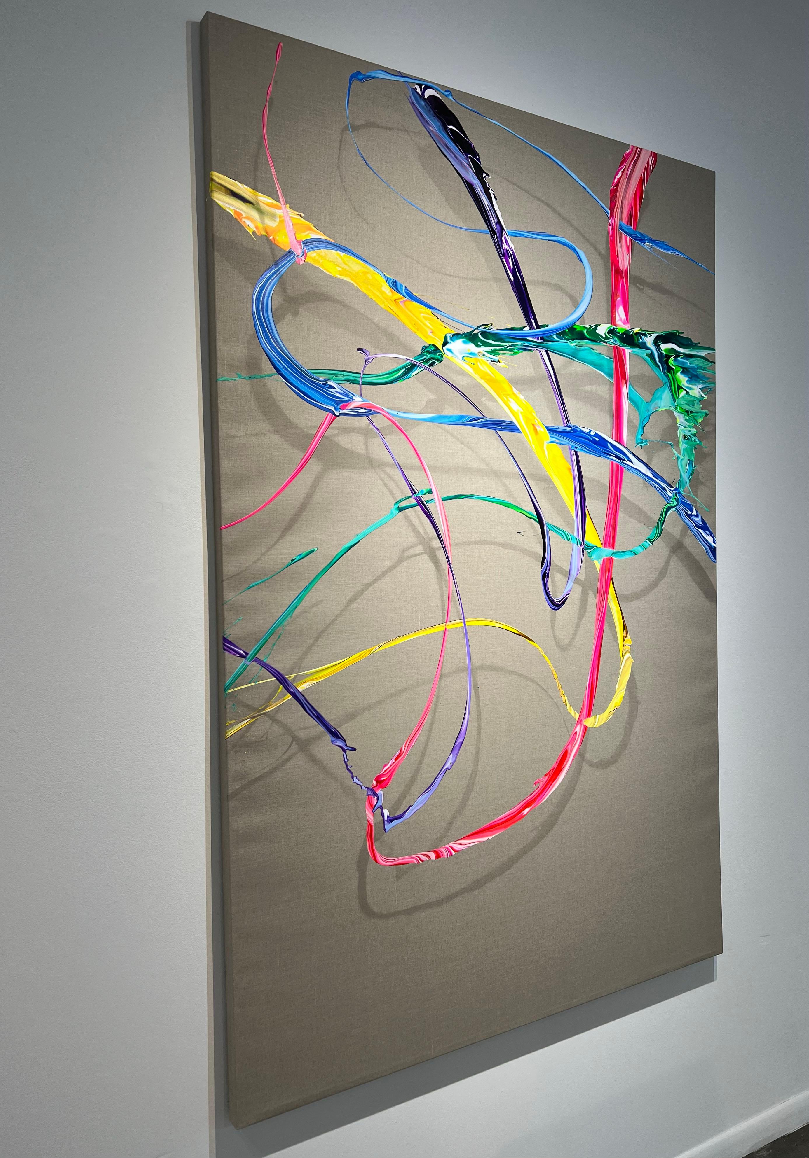 An acrylic abstract painting on gray canvas. This painting features bright color flowing on the canvas. The shadow of the vivid lines gives an amazing depth to the artwork. The canvas is stretched and ready to hang. 

Voinea’s work can be viewed as