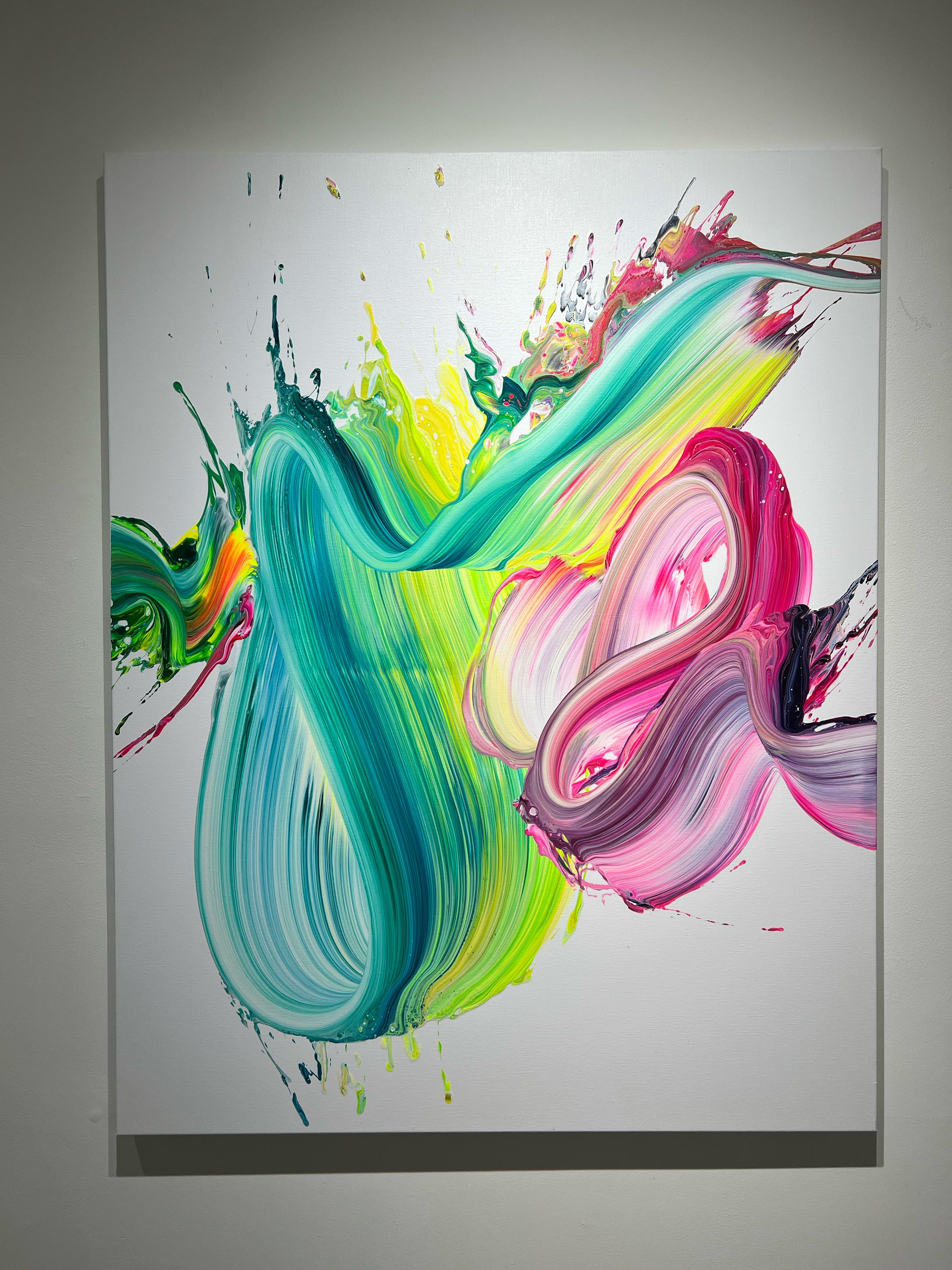 AV 889 -  A Liquid Abstraction in Green, Yellow, and Pink - Painting by Alex Voinea