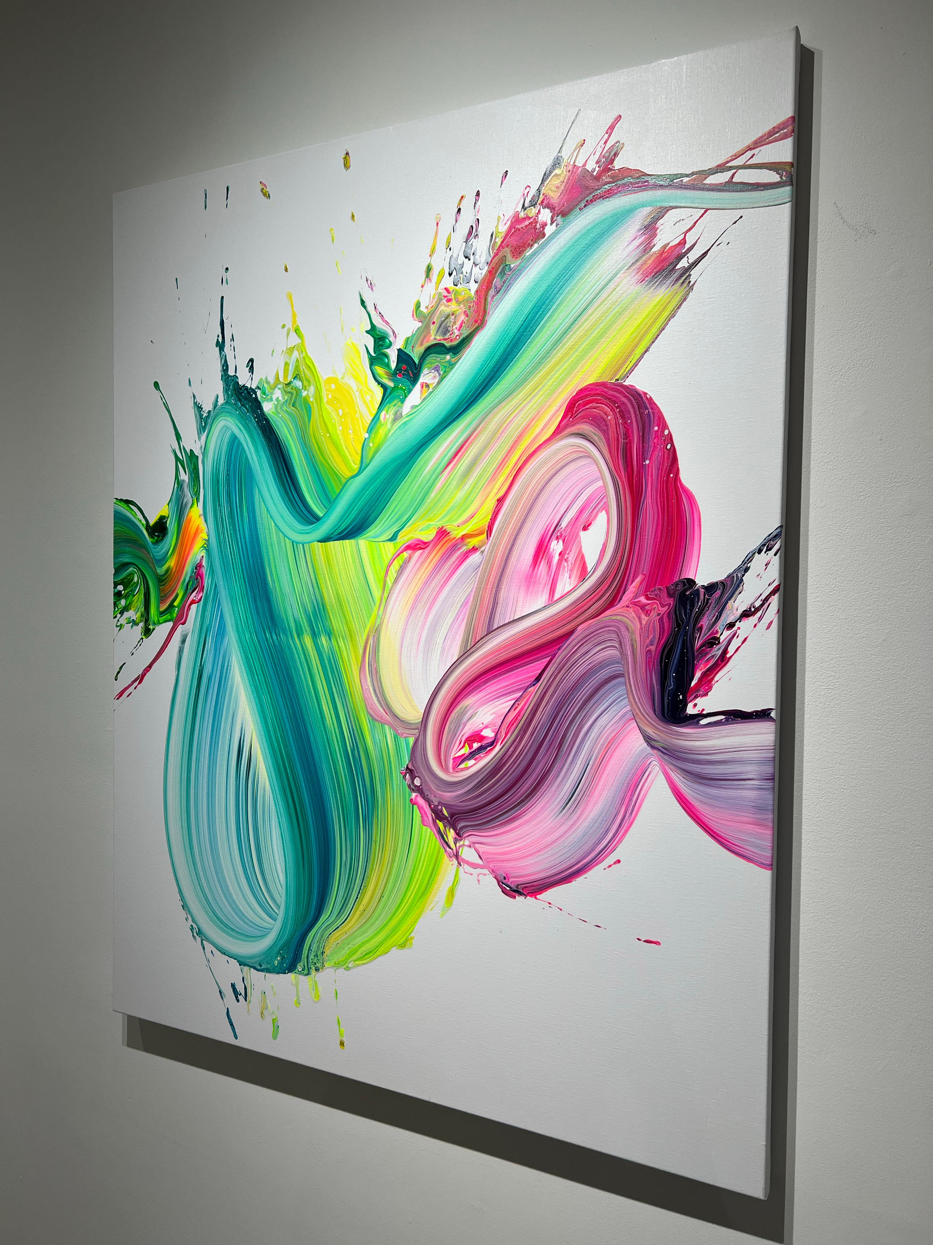 An acrylic abstract painting on white canvas. This painting features bright color flowing on the canvas. Each color blends eloquently through the visible brushstroke . The canvas is stretched and ready to hang. 

Voinea’s work can be viewed as a