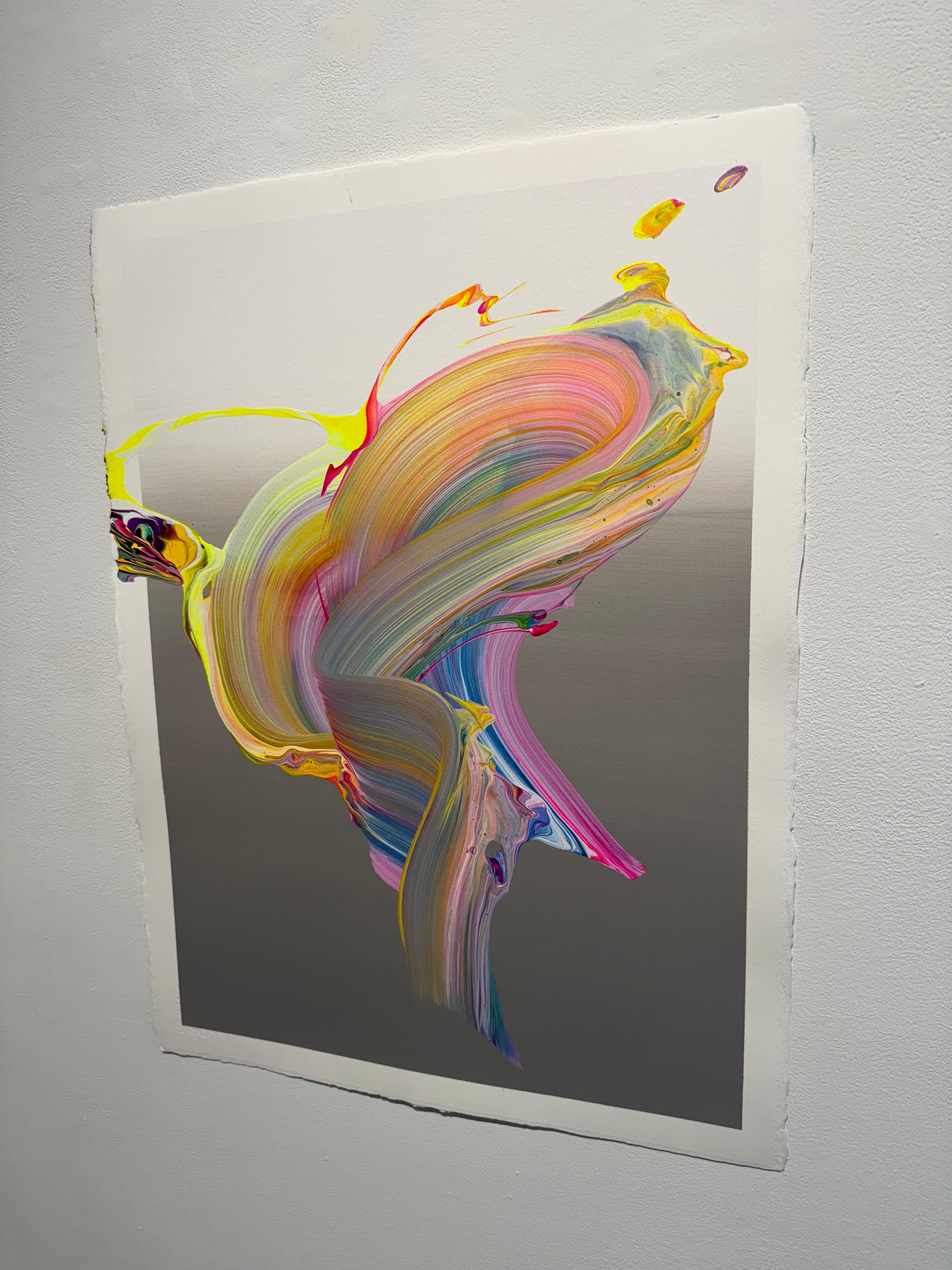 Ein abstraktes Acrylgemälde auf grauer Leinwand. Dieses Gemälde zeigt leuchtende Farben, die auf der Leinwand fließen. Der Schatten der lebendigen Linien verleiht dem Kunstwerk eine erstaunliche Tiefe. Die Leinwand ist aufgespannt und bereit zum