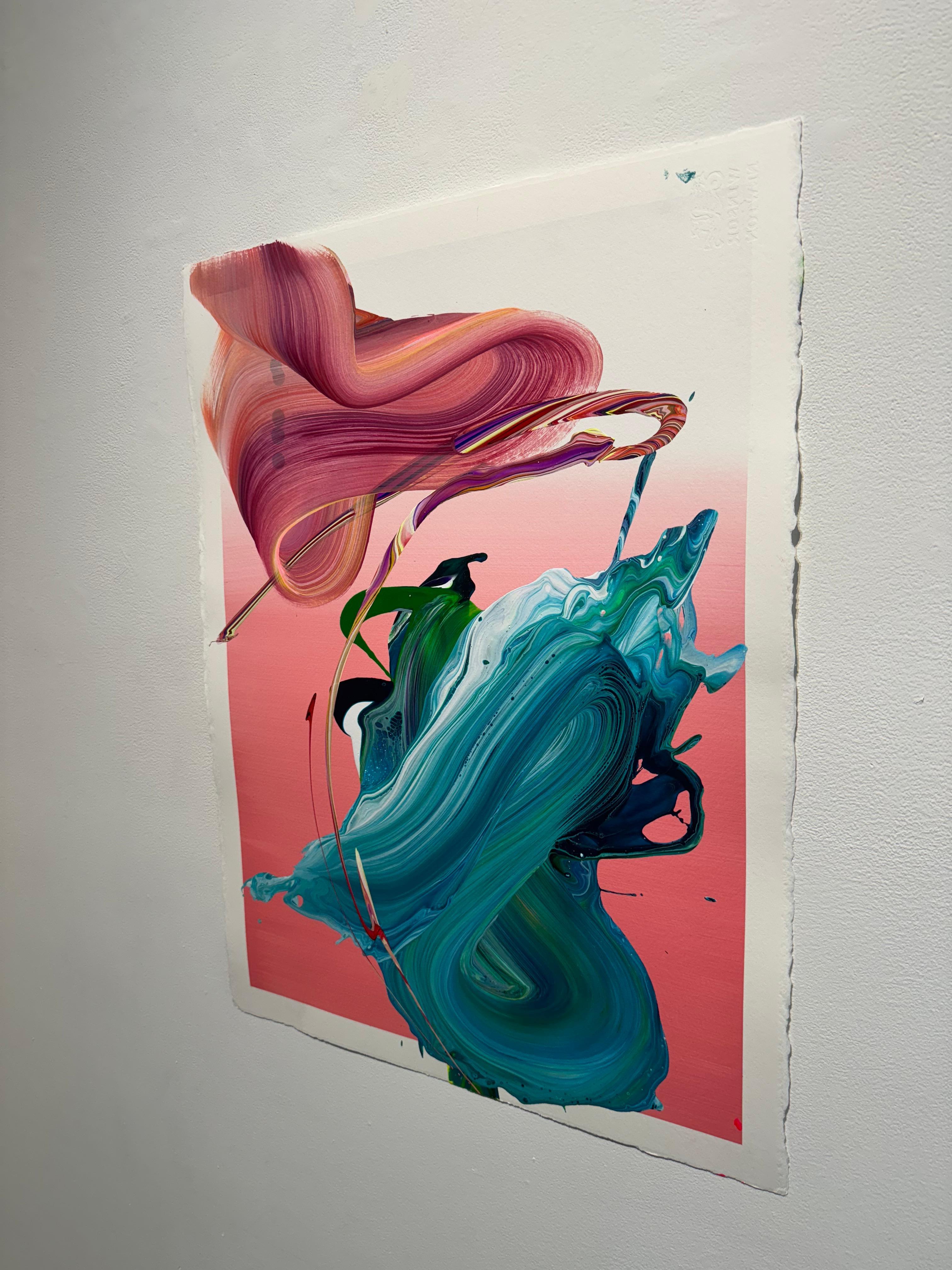 Un dipinto astratto in acrilico su tela grigia. Questo quadro è caratterizzato da colori vivaci che scorrono sulla tela. L'ombra delle linee vivaci conferisce una profondità incredibile all'opera d'arte. La tela è tesa e pronta per essere appesa.