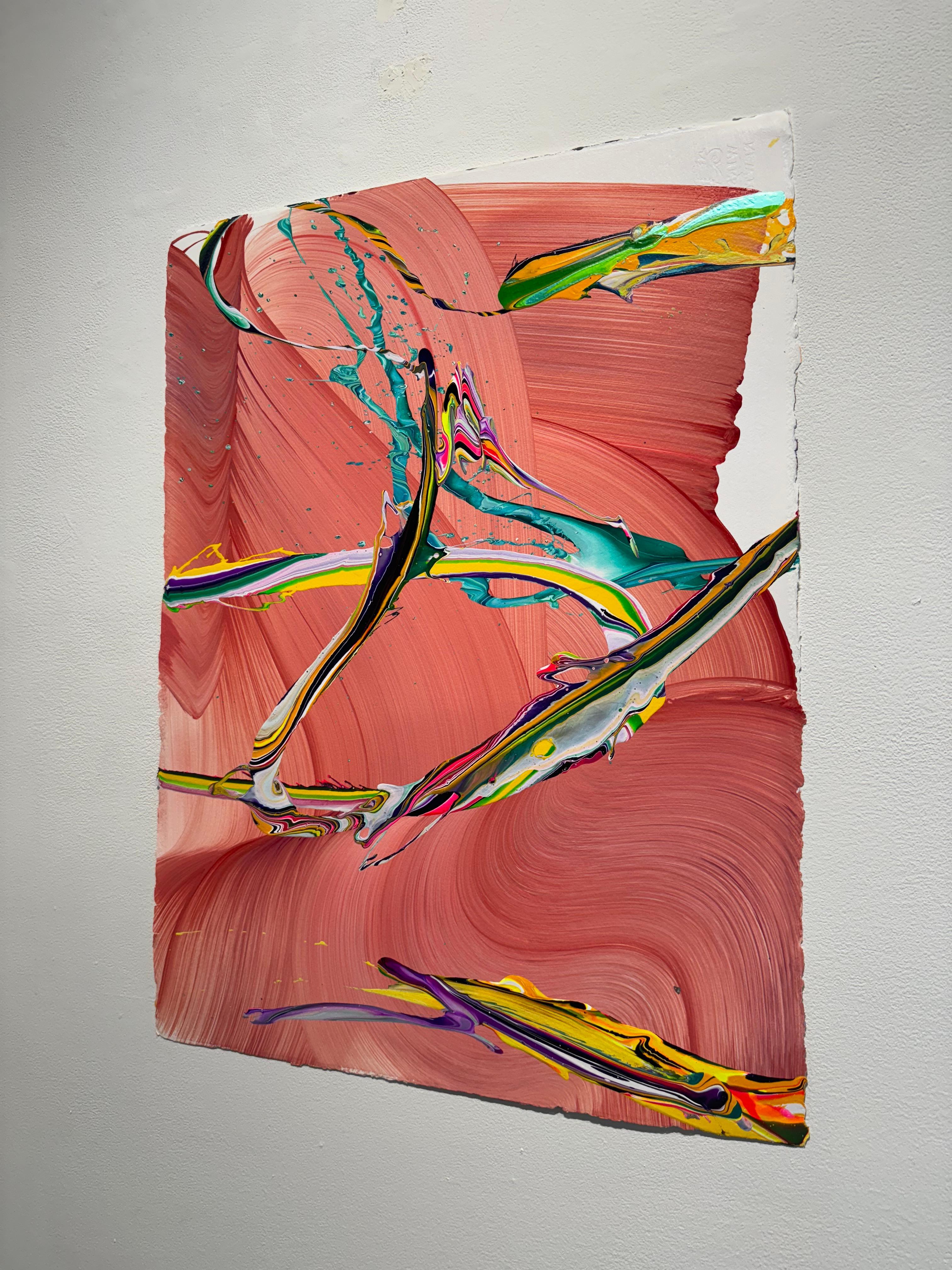 Ein abstraktes Acrylgemälde auf grauer Leinwand. Dieses Gemälde zeigt leuchtende Farben, die auf der Leinwand fließen. Der Schatten der lebendigen Linien verleiht dem Kunstwerk eine erstaunliche Tiefe. Die Leinwand ist aufgespannt und bereit zum
