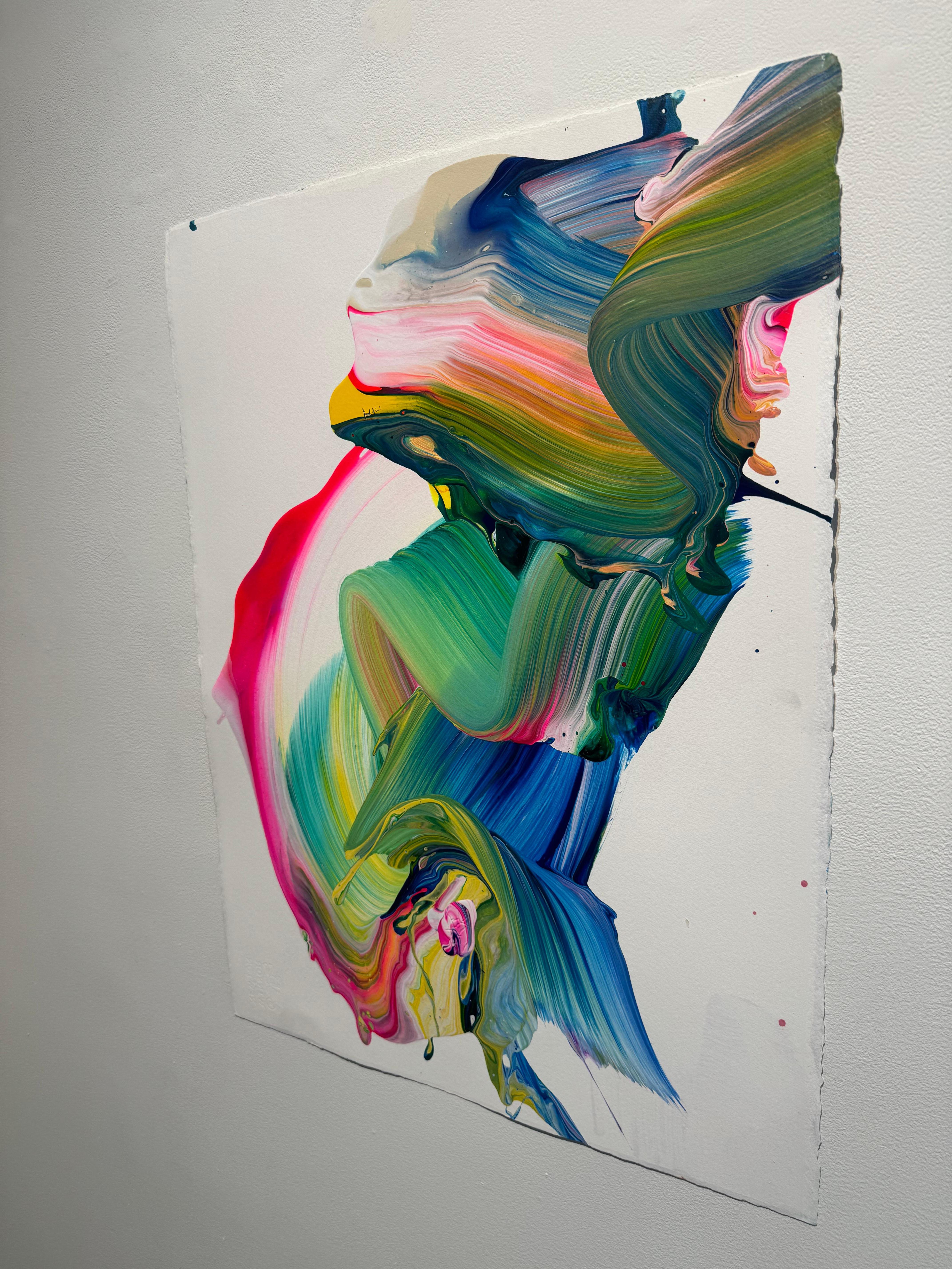 Ein abstraktes Acrylgemälde auf grauer Leinwand. Dieses Gemälde zeigt leuchtende Farben, die auf der Leinwand fließen. Der Schatten der lebendigen Linien verleiht dem Kunstwerk eine erstaunliche Tiefe. Die Leinwand ist aufgespannt und bereit zum