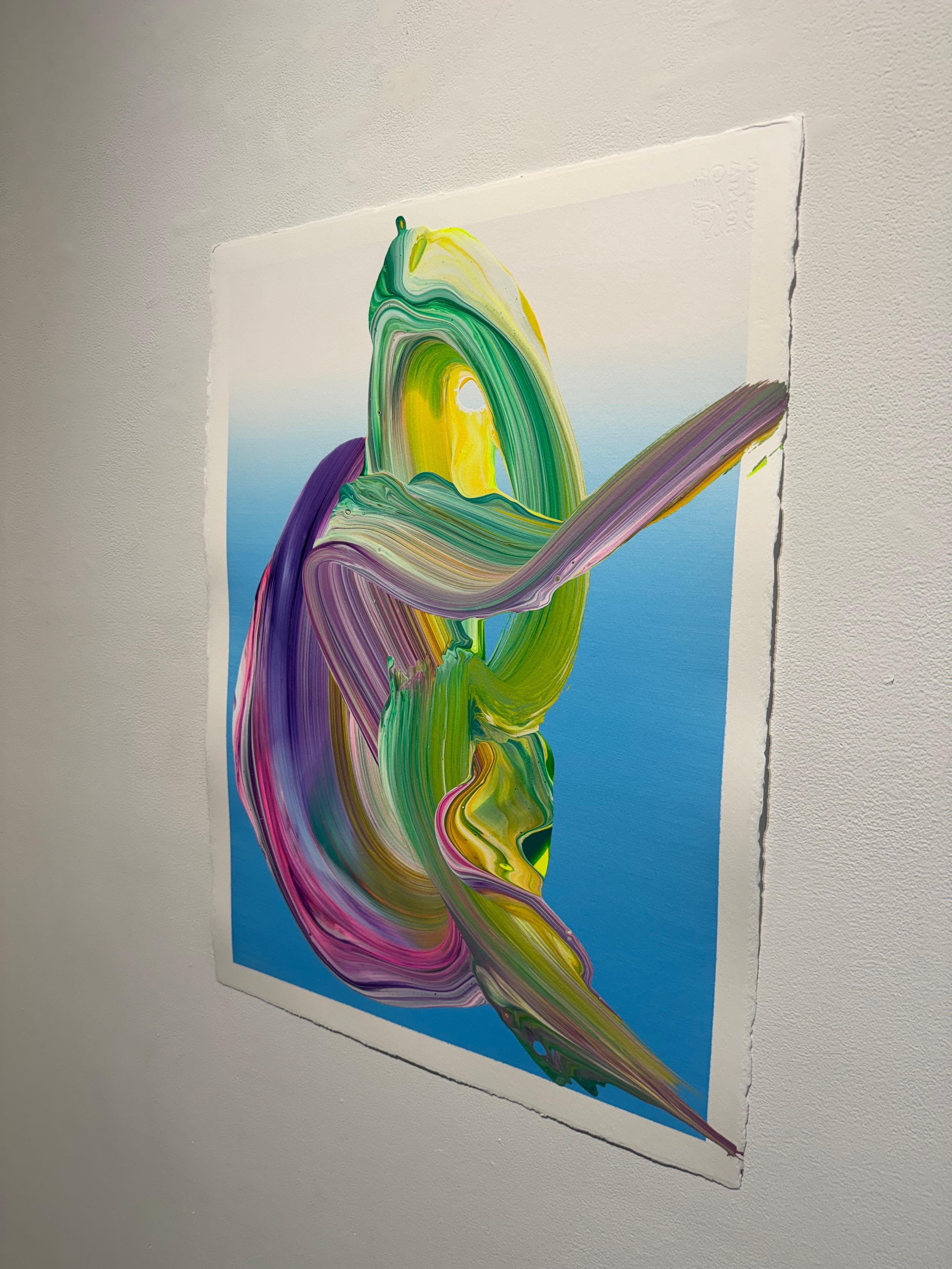 Ein abstraktes Acrylgemälde auf grauer Leinwand. Dieses Gemälde zeigt leuchtende Farben, die auf der Leinwand fließen. Der Schatten der lebendigen Linien verleiht dem Kunstwerk eine erstaunliche Tiefe. Die Leinwand ist aufgespannt und bereit zum