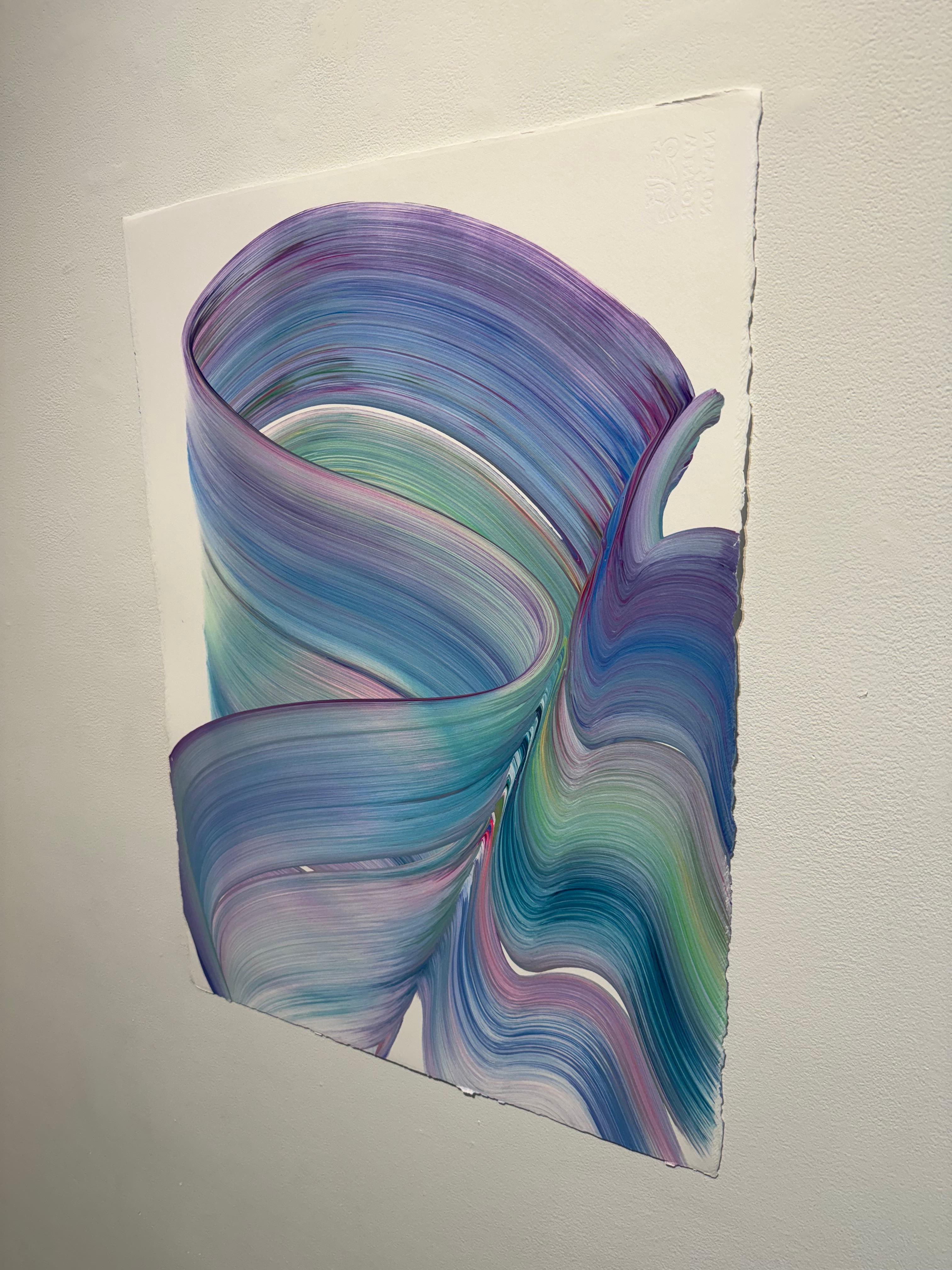Ein abstraktes Acrylgemälde auf grauer Leinwand. Dieses Gemälde zeigt leuchtende Farben, die auf der Leinwand fließen. Der Schatten der lebendigen Linien verleiht dem Kunstwerk eine erstaunliche Tiefe. Die Leinwand ist aufgespannt und bereit zum