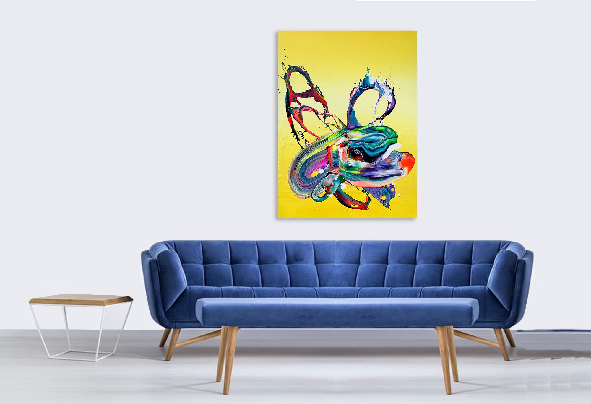 Artist: Alex Voinea

Title: Yellow Flow AV 455

Medium: Acrylics on linen

Size: 130 x 97 cm
Fading backgrounds create depth and perspective in an abstract work, but with an almost hyper-realist definition, in which Voinea transmits a vibrancy of