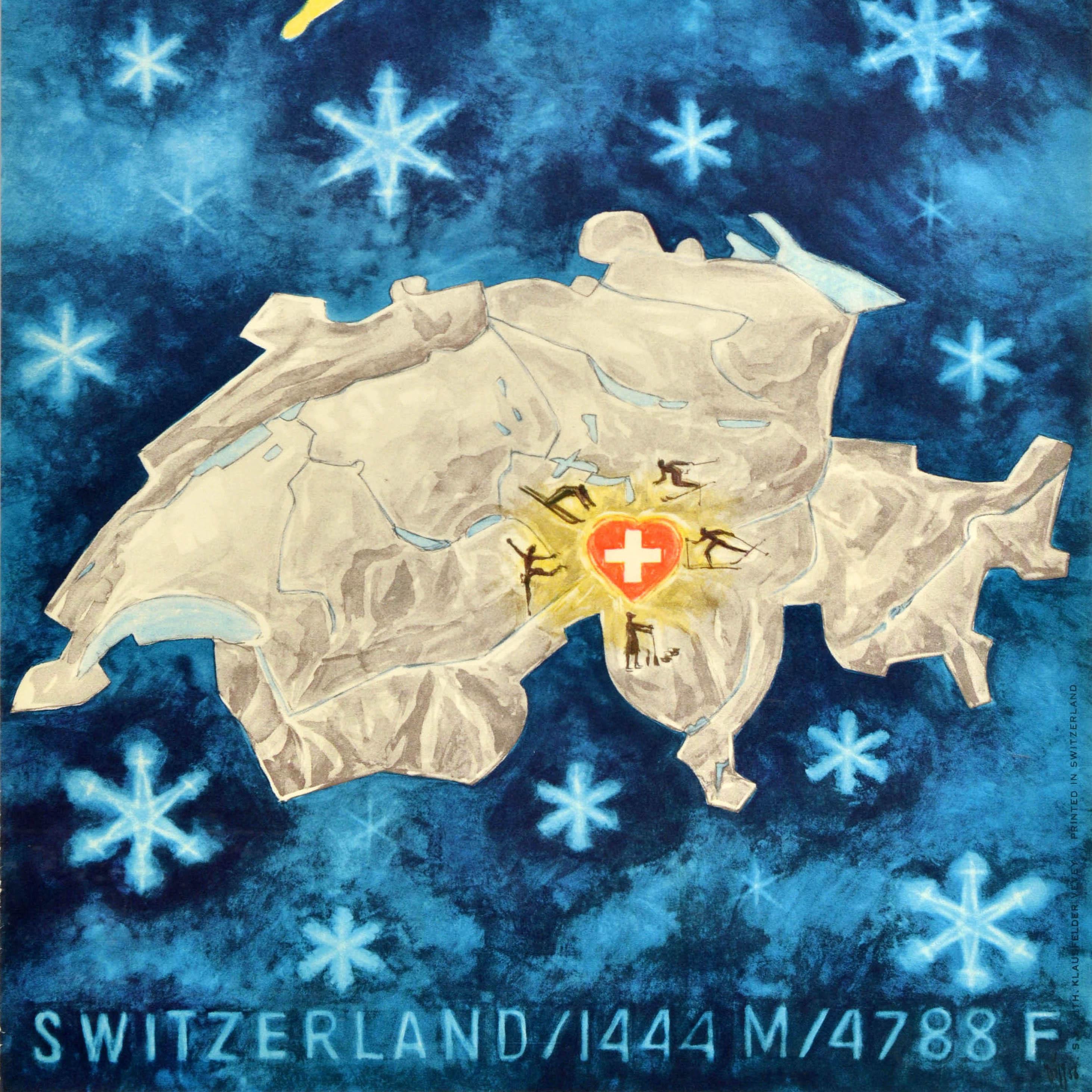 Original vintage winter sports travel poster for Andermatt in the Gotthard region of the Swiss Alps featuring a great graphic design outline of a map of Switzerland with a Swiss flag in the shape of a heart marking the location of the ancient