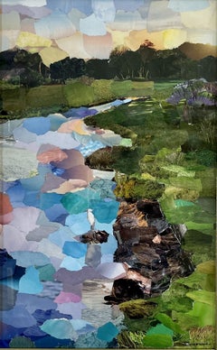 Lone Egret : collage technique mixte
