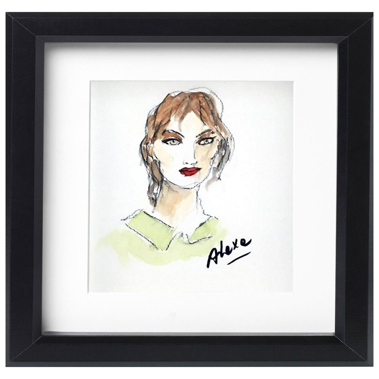 Alexa Chung, Portrait Watercolor fashion illustration on archive paper. For  Sale at 1stDibs