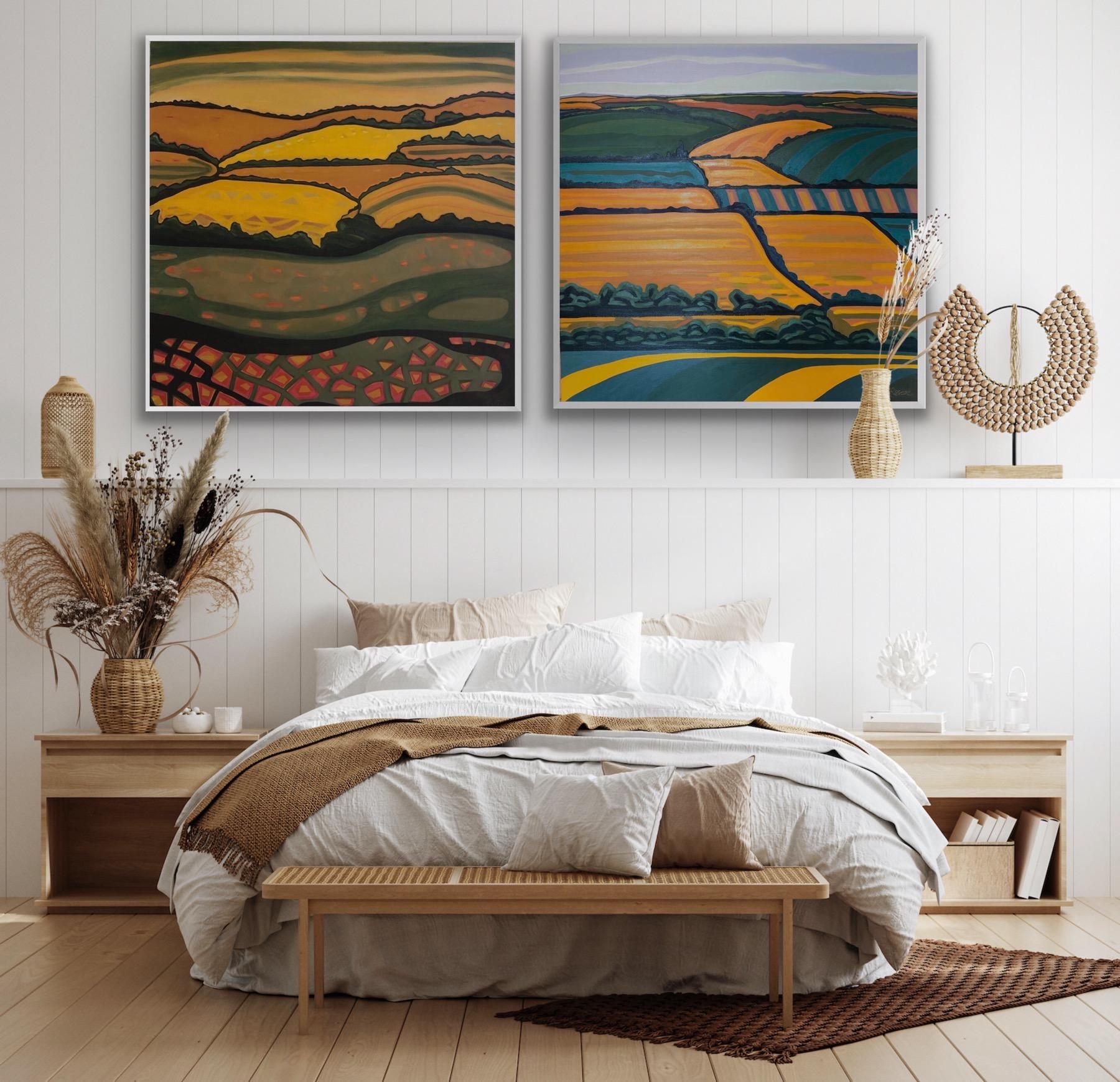  diptych of Whimsical Fields and Hill View no. 2 Contemporary Landscape art - Painting by Alexa Roscoe