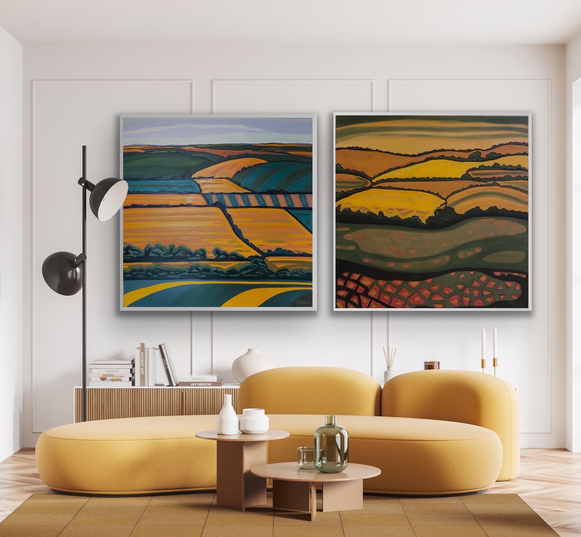 Alexa Roscoe Still-Life Painting -  diptych of Whimsical Fields and Hill View no. 2 Contemporary Landscape art