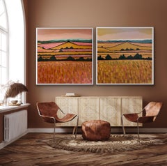  diptych Pink Fields and Golden Fields, Contemporary Landscape art, Nature