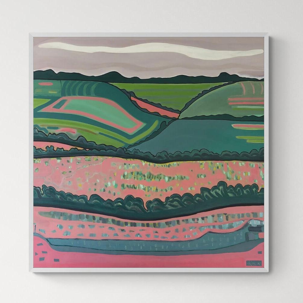 Champs de rêve, peinture de paysage contemporaine, prairie, nature, art coloré - Gris Landscape Painting par Alexa Roscoe