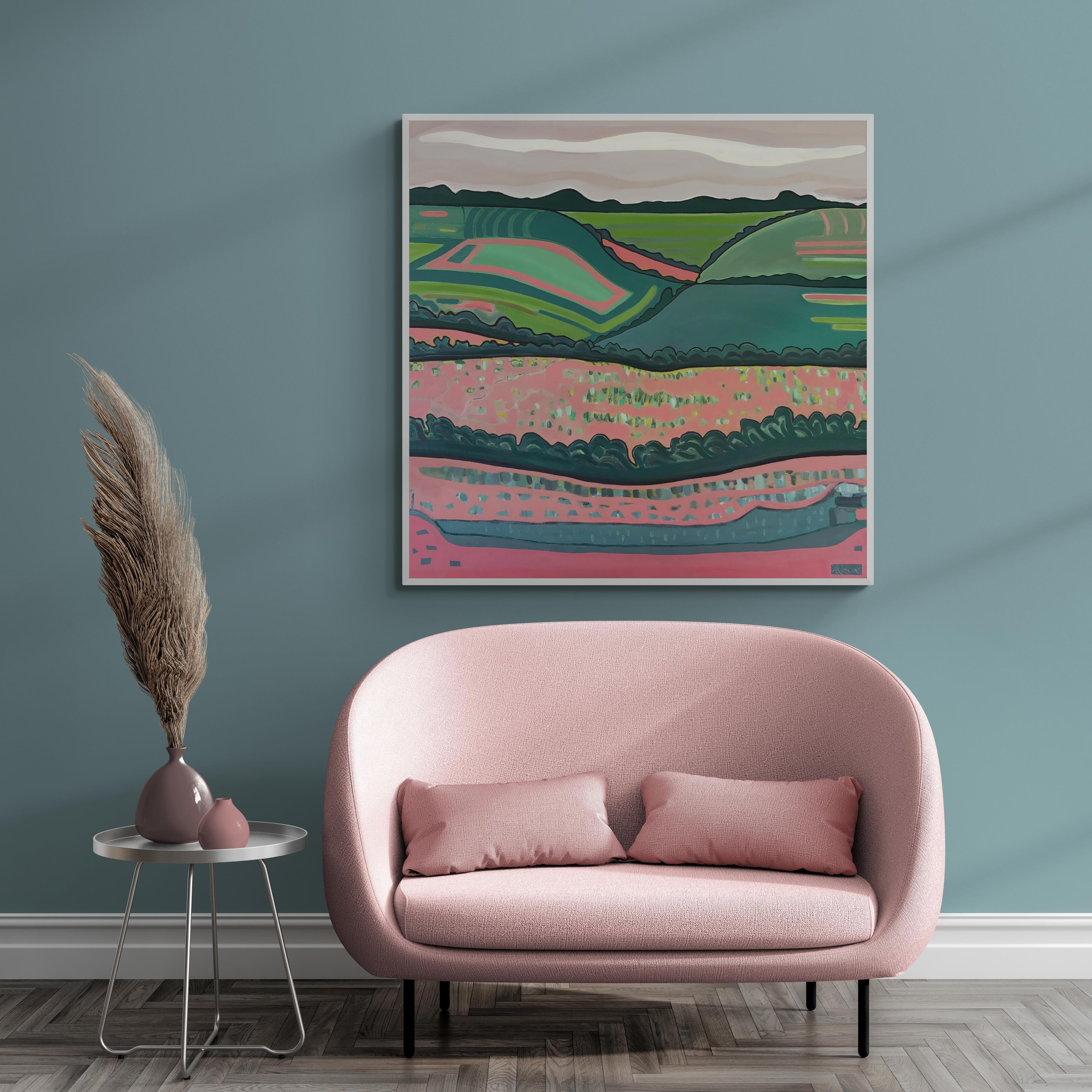 Champs de rêve, peinture de paysage contemporaine, prairie, nature, art coloré en vente 2