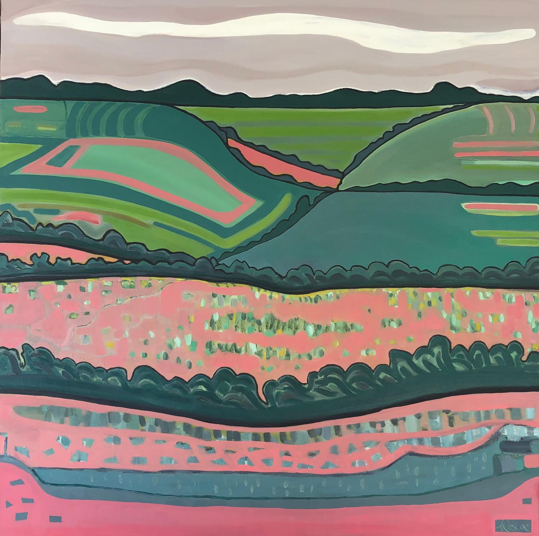 Landscape Painting Alexa Roscoe - Champs de rêve, peinture de paysage contemporaine, prairie, nature, art coloré