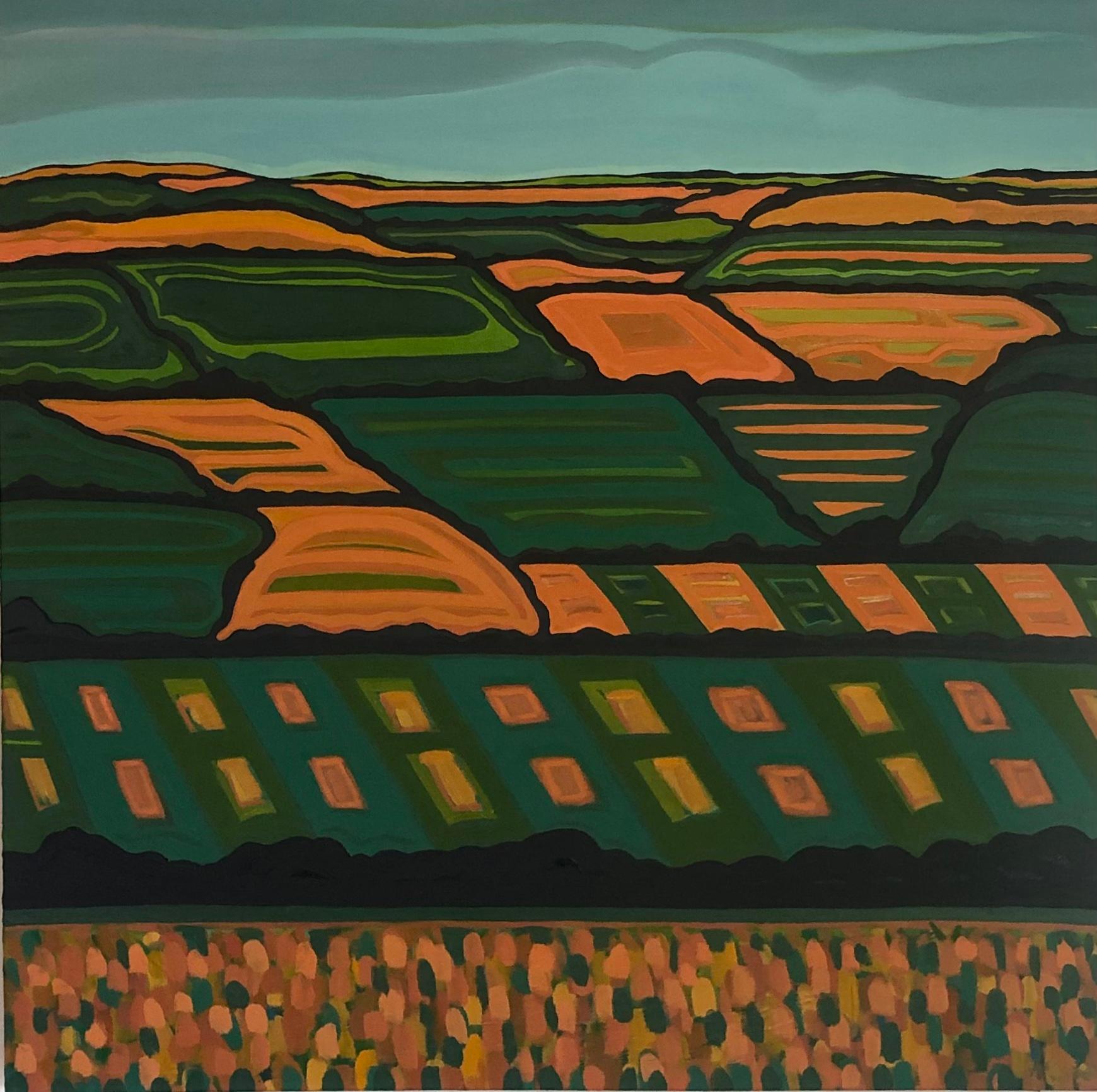Dreamy Fields no. 2 è un dipinto a olio originale dell'artista Alexa Roscoe su una tela quadrata di 1 metro. Alexa ha utilizzato colori accattivanti e linee decise creando un paesaggio patchwork. Per il primo piano Alexa ha utilizzato pennellate