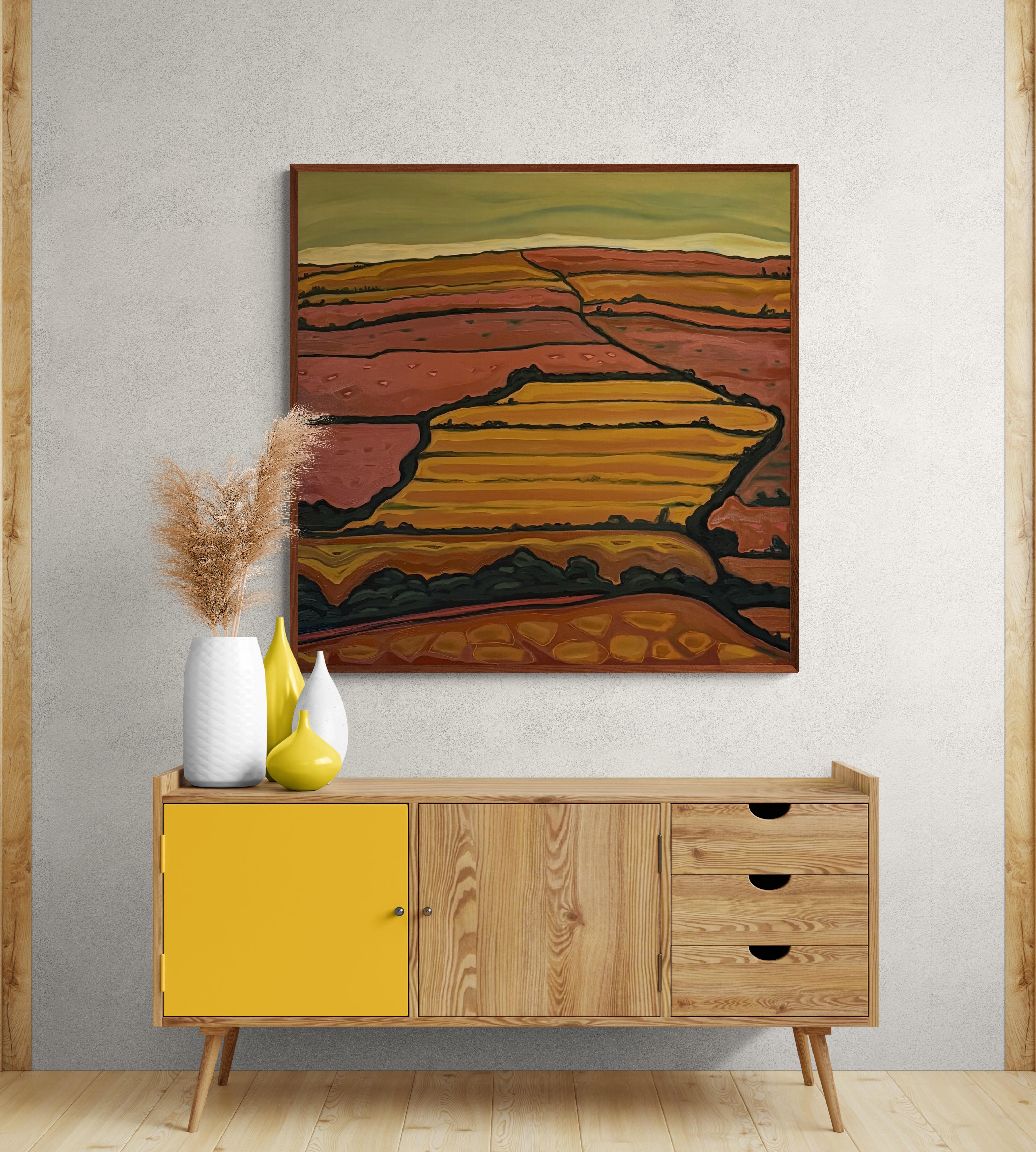 Fields of Flow is an original oil painting by artist Alexa Roscoe. This landscape painting is inspired by the rolling hills in Devon where Alexa grew up and often visits for inspiration. In this painting the fields cascade down the canvas capturing