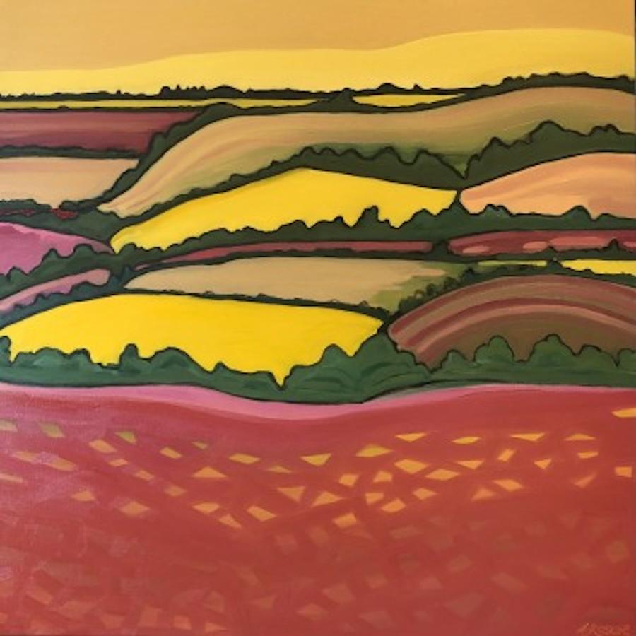 Fields of Joy no1 is an original painting by artist Alexa Roscoe. 

Alexa enjoys using bold colours and strong lines in her work. Fields of Joy is a dynamic and lively painting and captures the landscape in a whimsical way. 

ADDITIONAL
