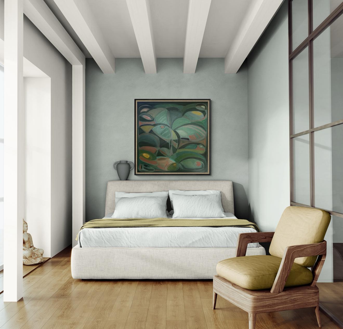 Forms and Flow No. 2 is an original oil painting by artist Alexa Roscoe. Created as a natural continuation of Forms and Flow No. 1, this work explores a more dynamic interplay between movement and stillness. Layers of deep olive and green are