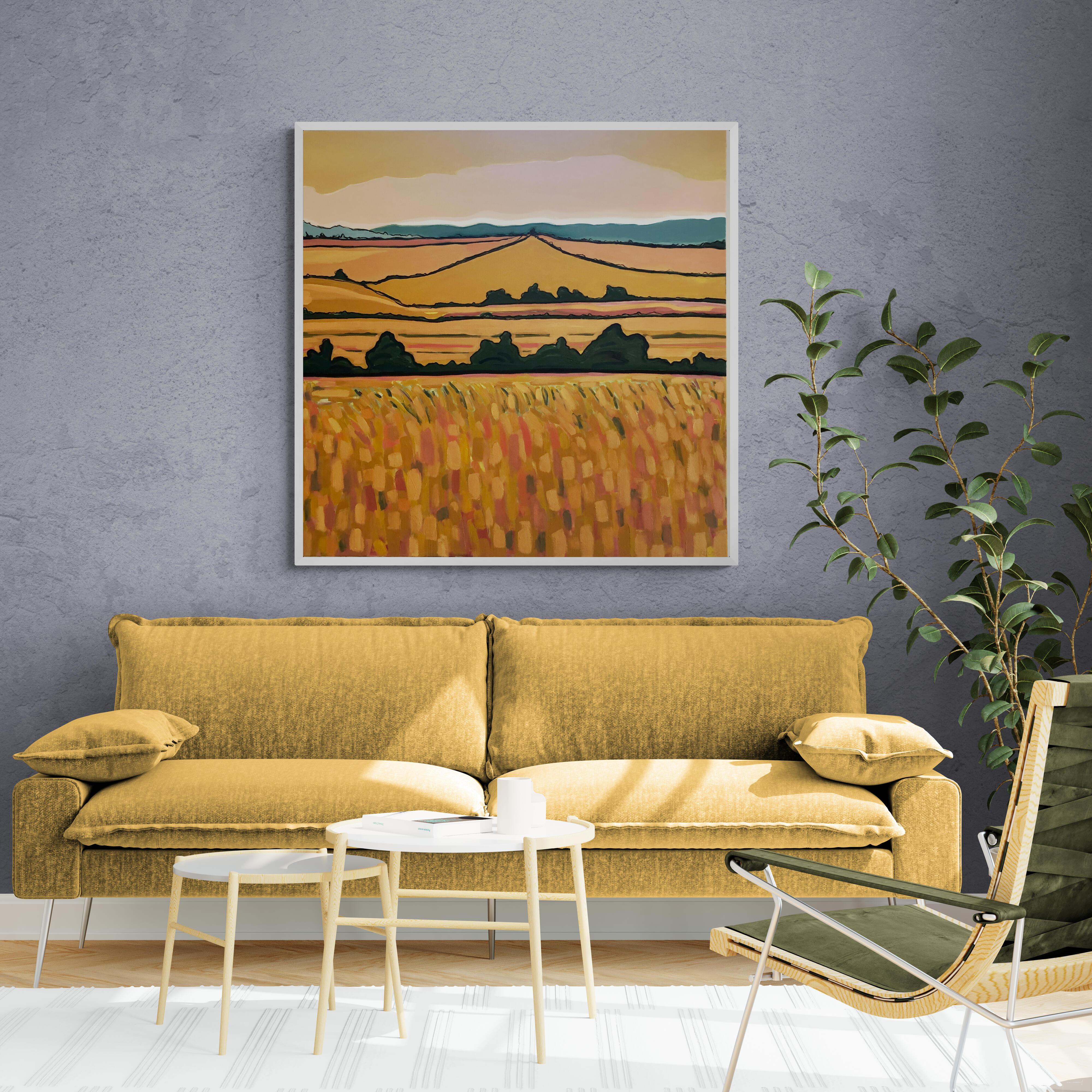 Goldene Felder, Originalgemälde, Hügel, Landschaft, Felder, Orange, Ländliche Natur – Painting von Alexa Roscoe