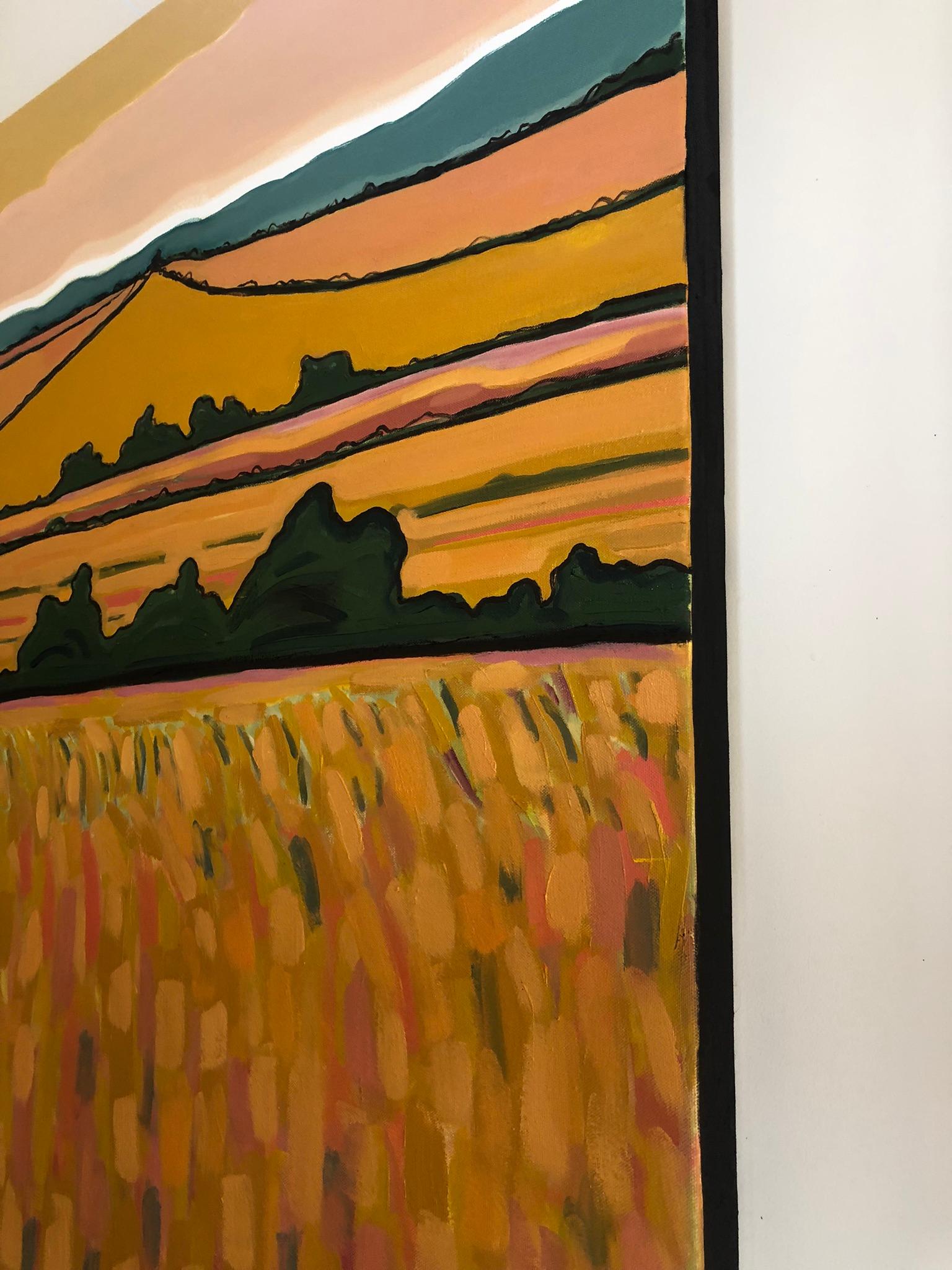 Goldene Felder, Originalgemälde, Hügel, Landschaft, Felder, Orange, Ländliche Natur (Zeitgenössisch), Painting, von Alexa Roscoe