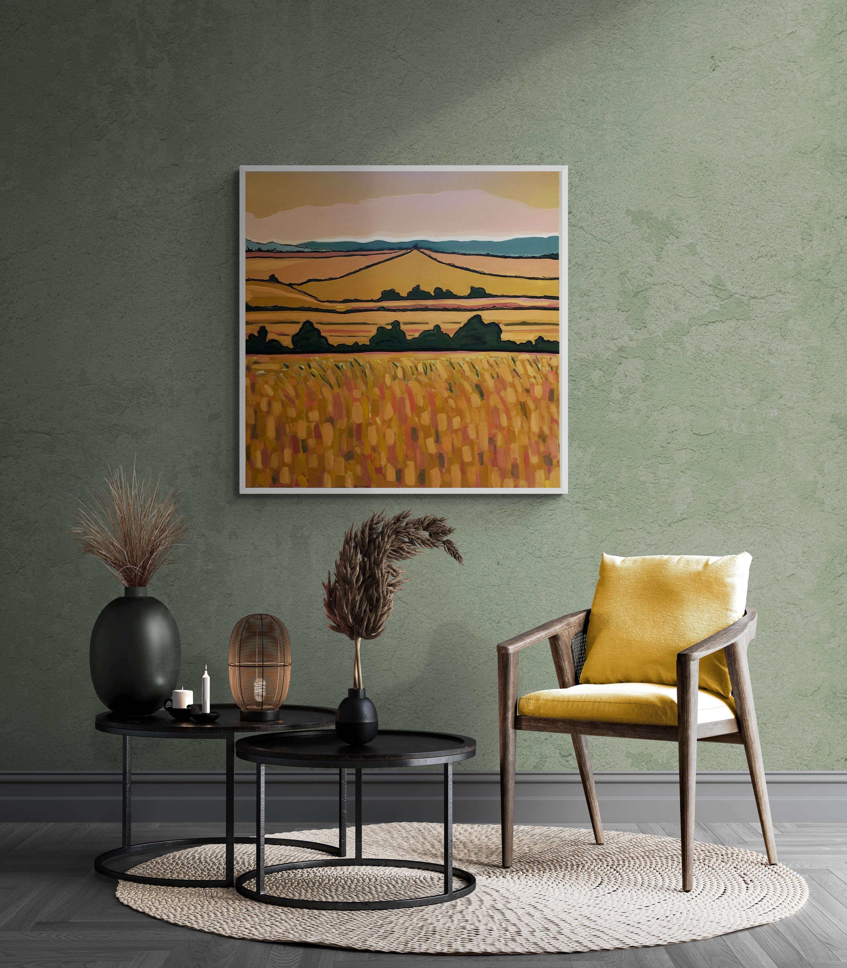 Goldene Felder, Originalgemälde, Hügel, Landschaft, Felder, Orange, Ländliche Natur (Braun), Landscape Painting, von Alexa Roscoe