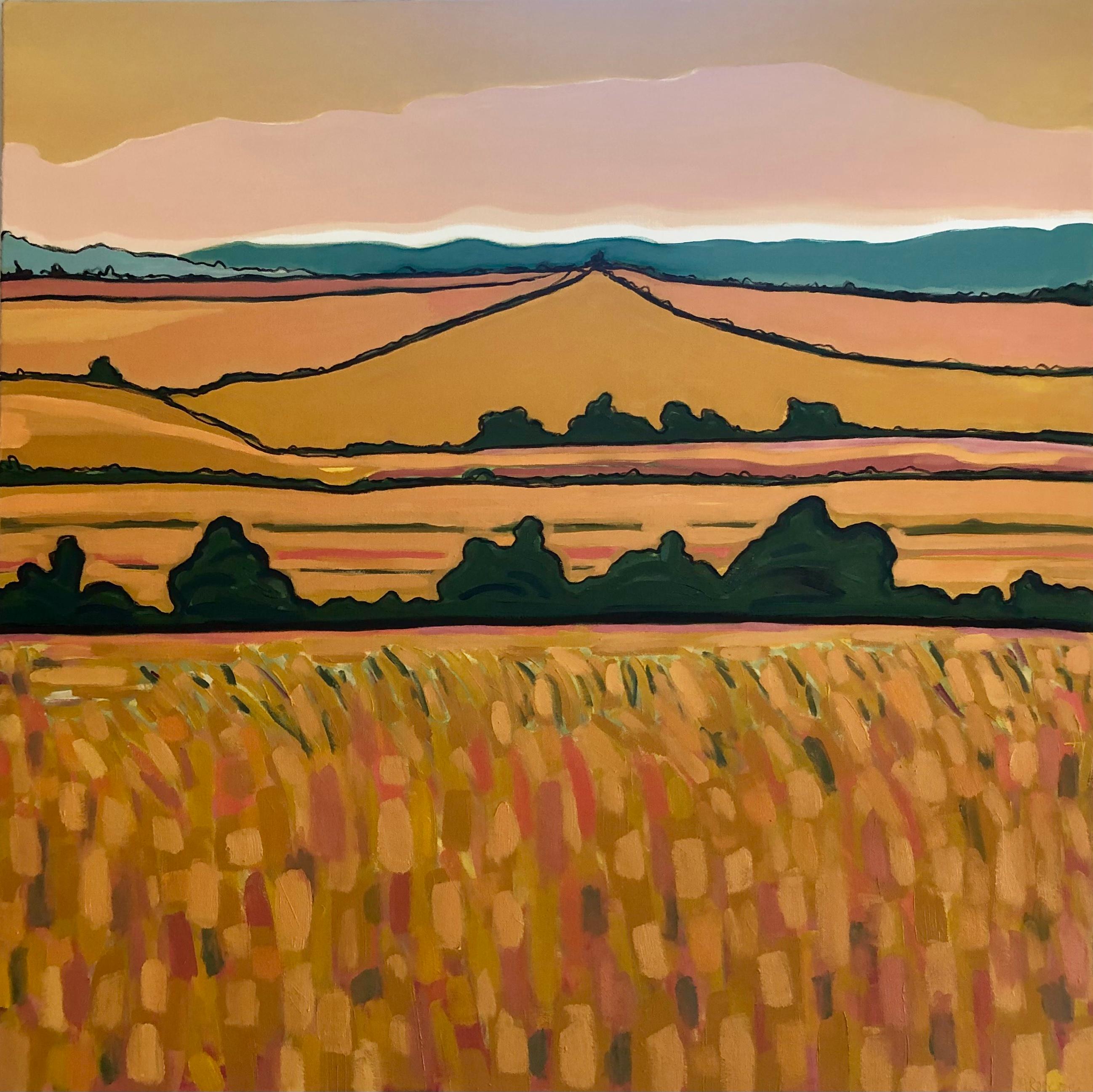 Alexa Roscoe Landscape Painting – Goldene Felder, Originalgemälde, Hügel, Landschaft, Felder, Orange, Ländliche Natur
