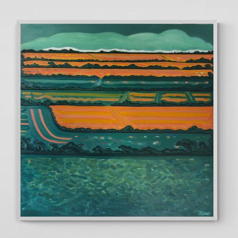 Grüne Horizontfelder, Originalgemälde, abstrakte Kunst, ländlich, rosa, leuchtende Kunst im Angebot 6