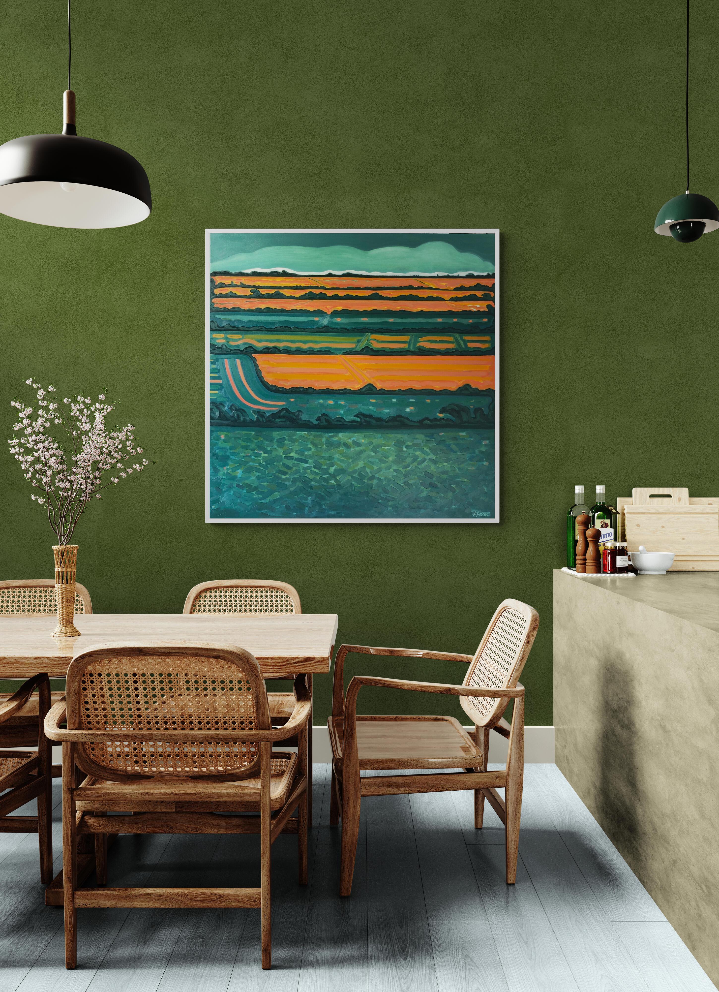 Grüne Horizontfelder, Originalgemälde, abstrakte Kunst, ländlich, rosa, leuchtende Kunst – Painting von Alexa Roscoe